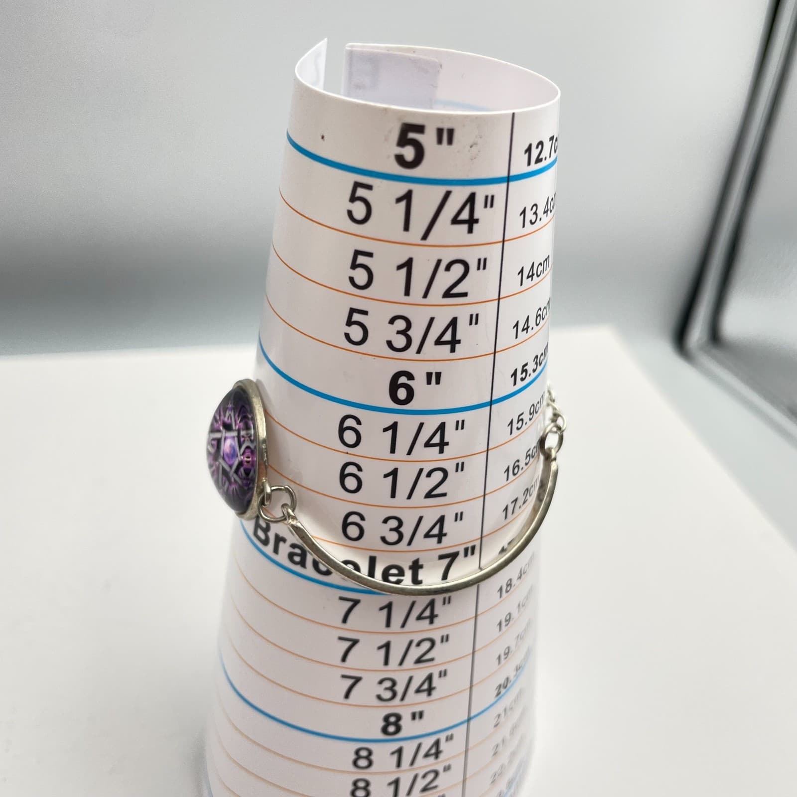 Vintage 90s Pentagram Star Bracelet Purple Glass Silver Tone Bangle Mystical - Thumbnail 7