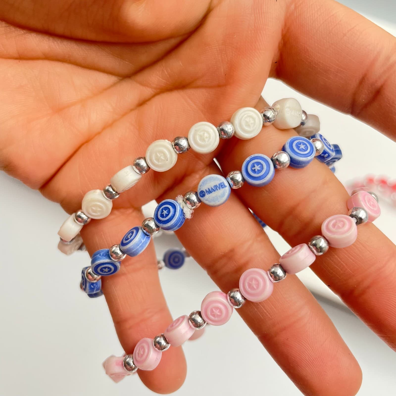 Vintage 80s Patriotic Beaded Stretch Bracelets Red White Blue Star Heart Jewelry - Thumbnail 9