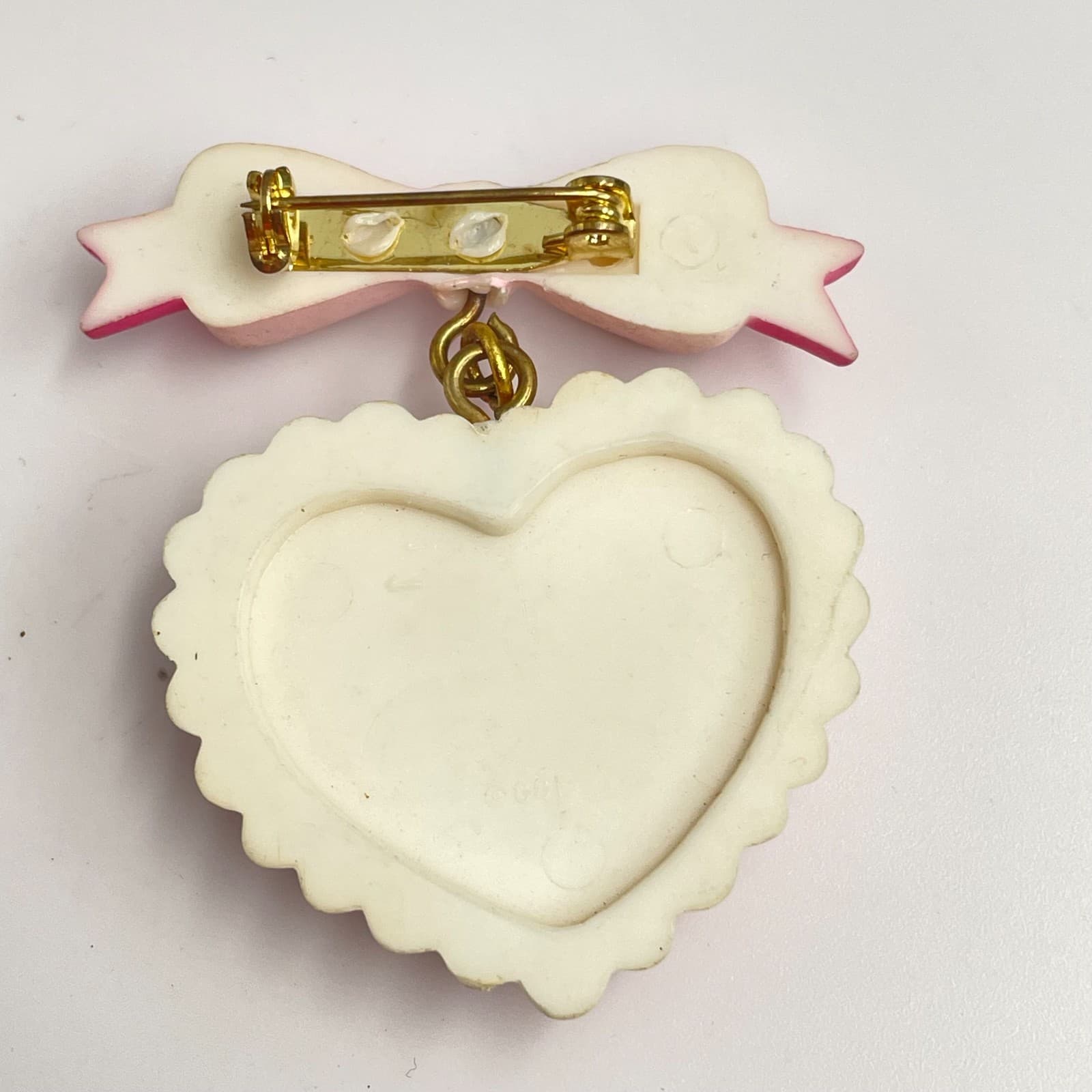 Vintage 90s Floral Heart Scalloped Edge Bow Brooch Pin Statement Women's Jewelry - Thumbnail 5