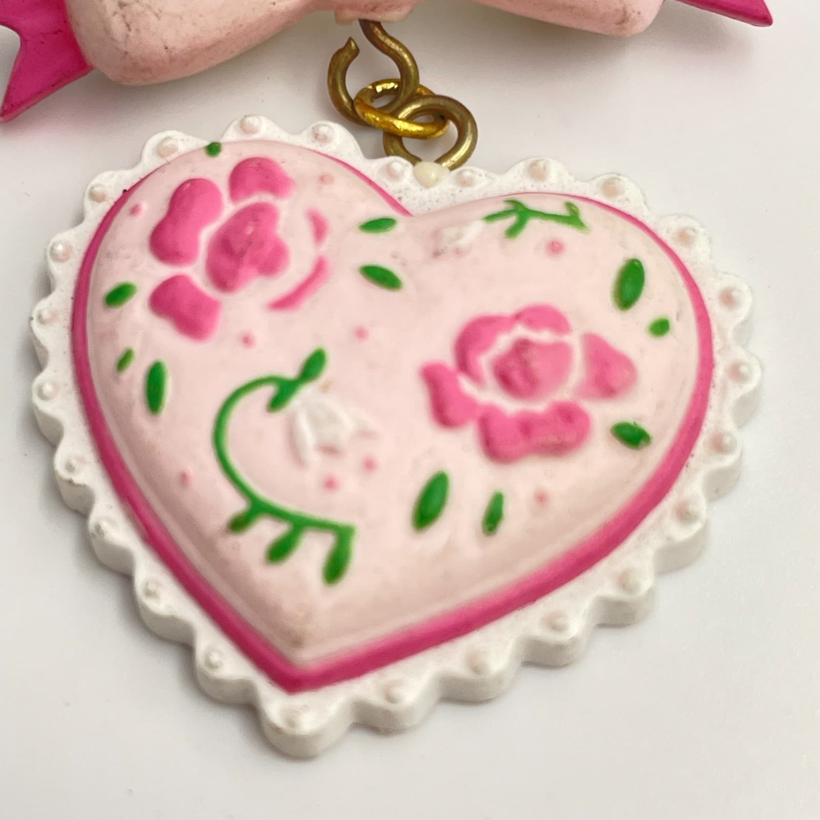 Vintage 90s Floral Heart Scalloped Edge Bow Brooch Pin Statement Women's Jewelry - Thumbnail 4
