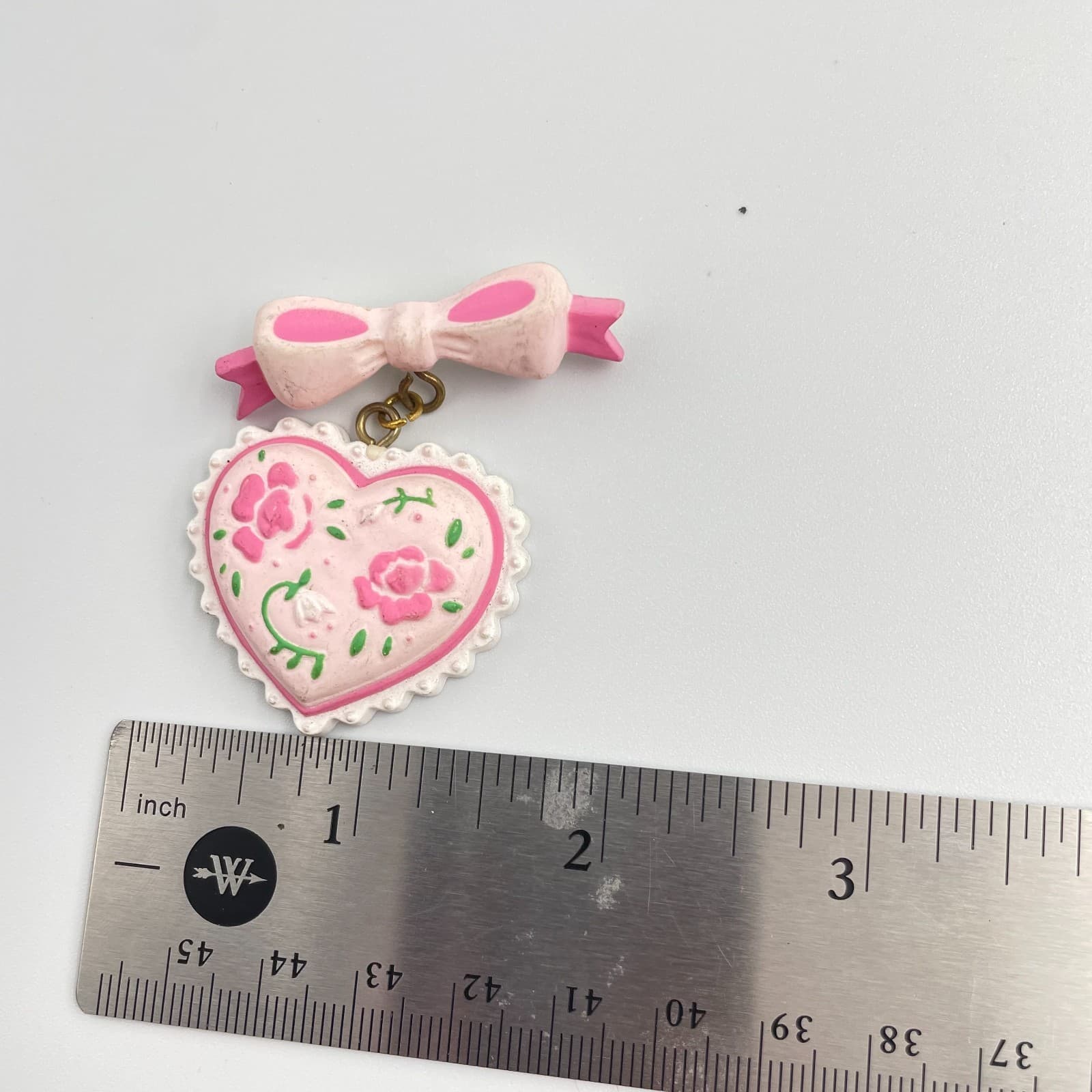 Vintage 90s Floral Heart Scalloped Edge Bow Brooch Pin Statement Women's Jewelry - Thumbnail 7