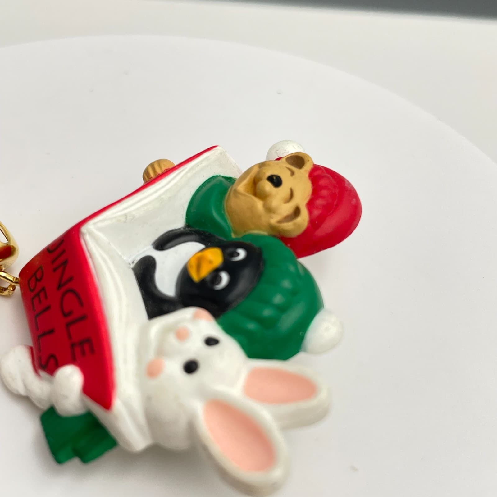 Vintage 90s Hallmark Christmas Jingle Bells Bear Penguin Bunny Book Brooch Pin - Thumbnail 4