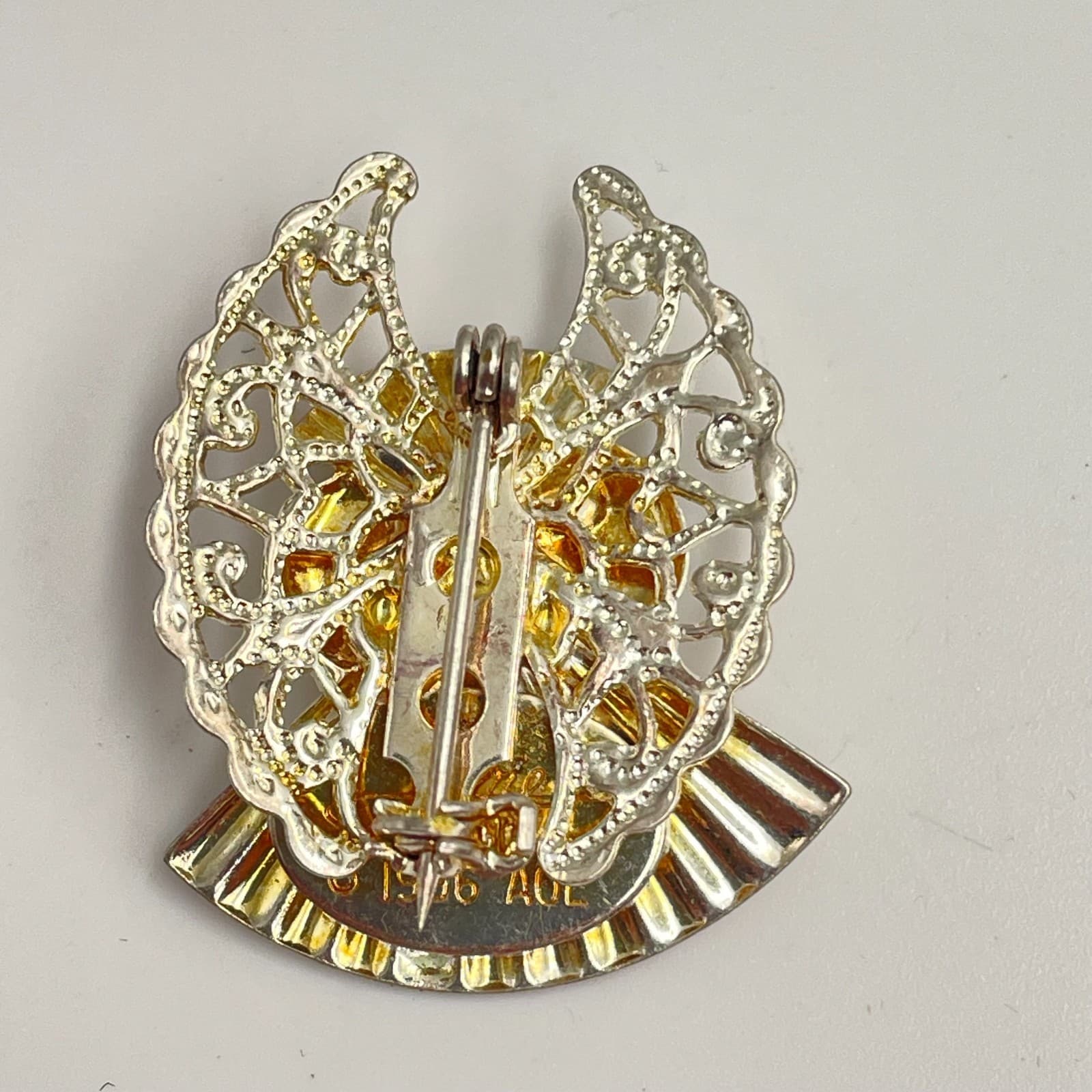 Vintage 90s AOL Silver Tone Faux Pearl Filigree Wings Angel Brooch Pin Jewelry - Thumbnail 5