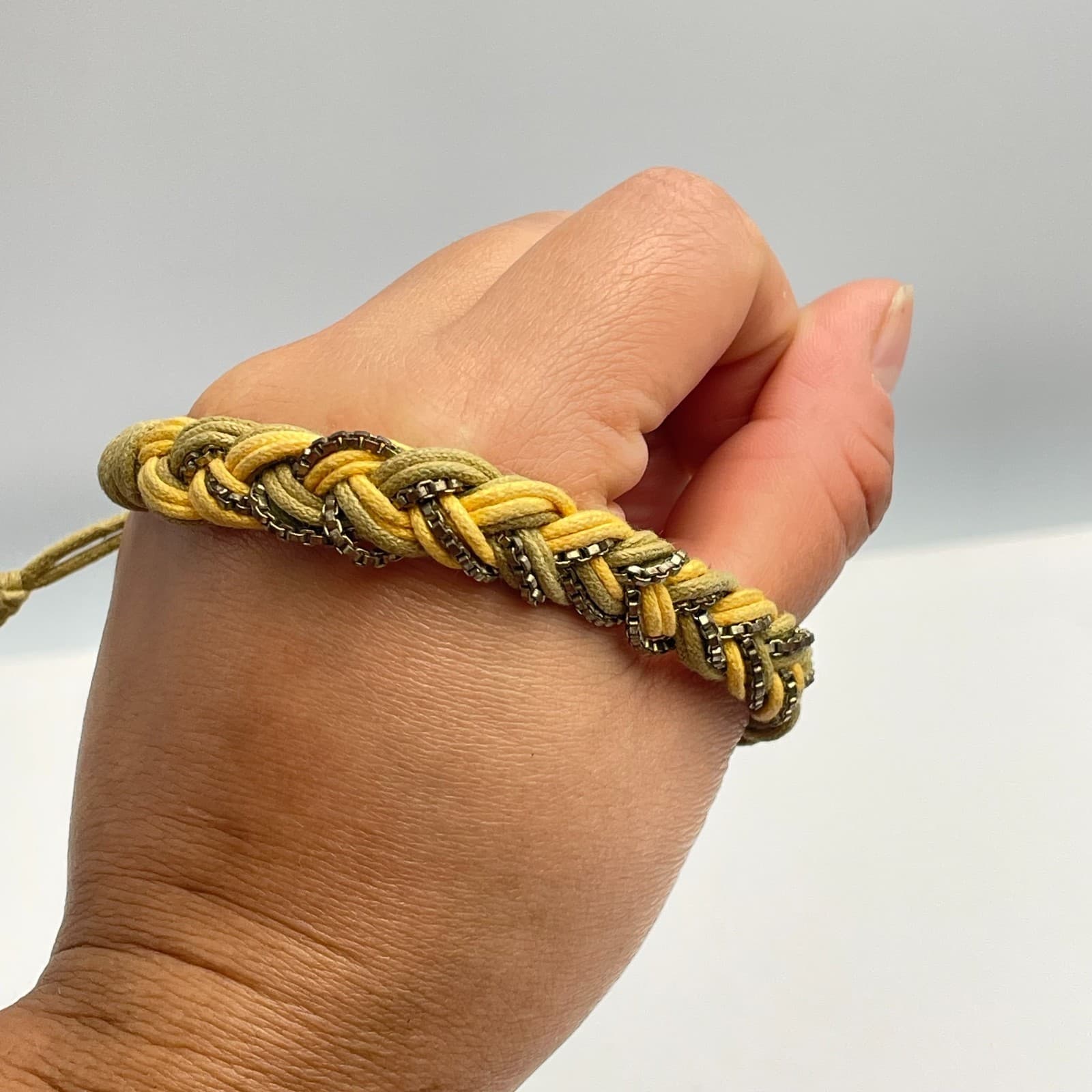 Vintage 90s Braided Cord Bracelet Metal Chain Boho Adjustable Fashion Jewelry - Thumbnail 8