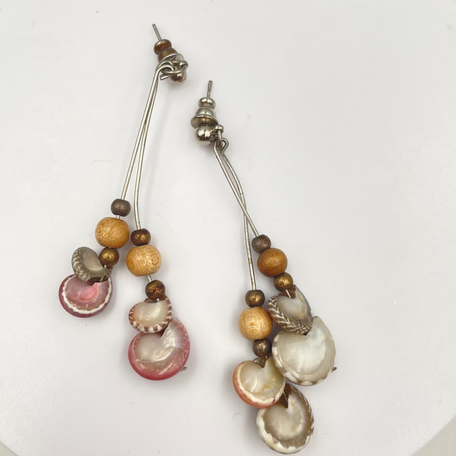 Vintage 90s Silver Tone Shell Wooden Dangle Earrings Boho Statement Jewelry - Image 1