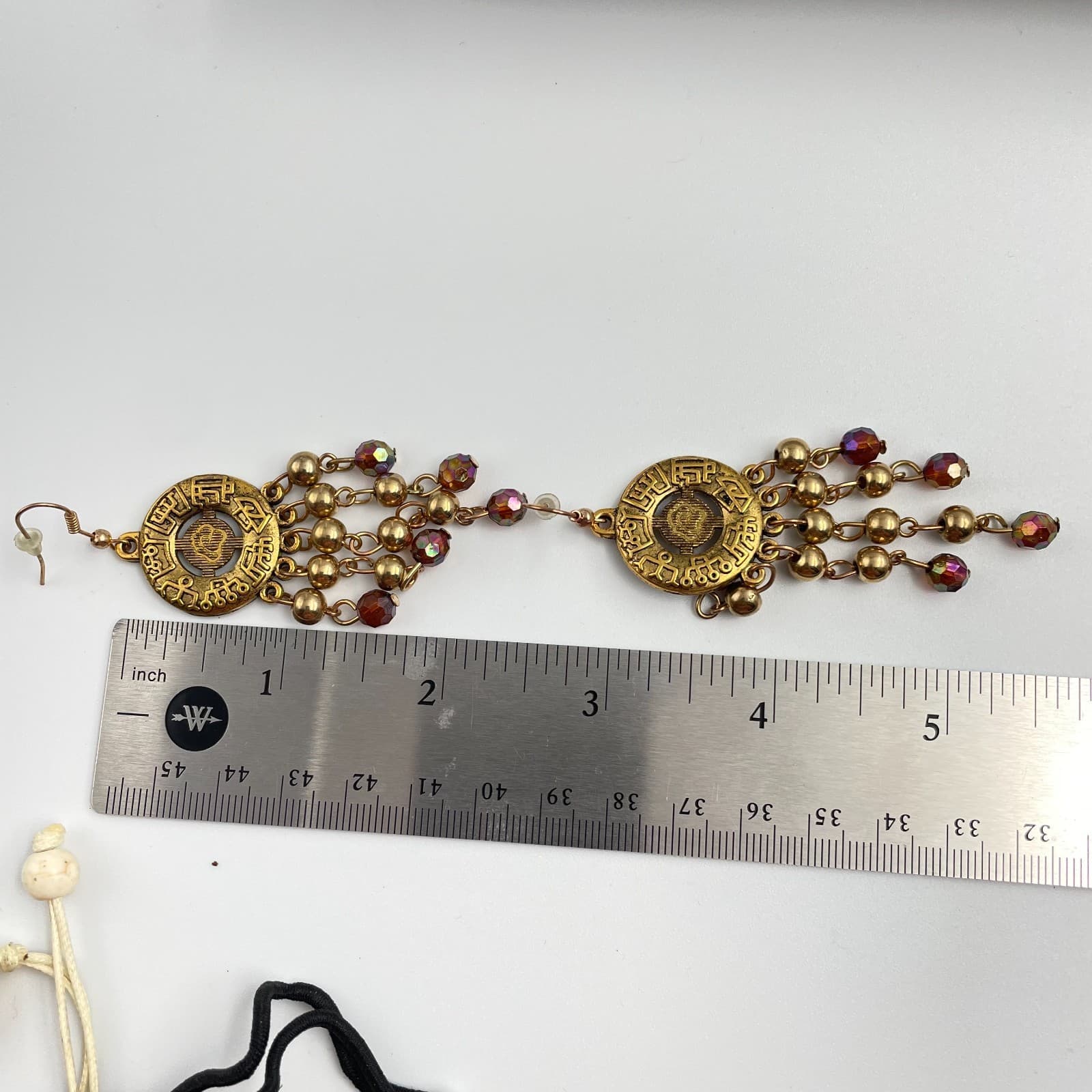 Vintage 90s Gold Tone Aztec Sun Dangle Earrings Iridescent Glass Chandelier Boho - Thumbnail 5