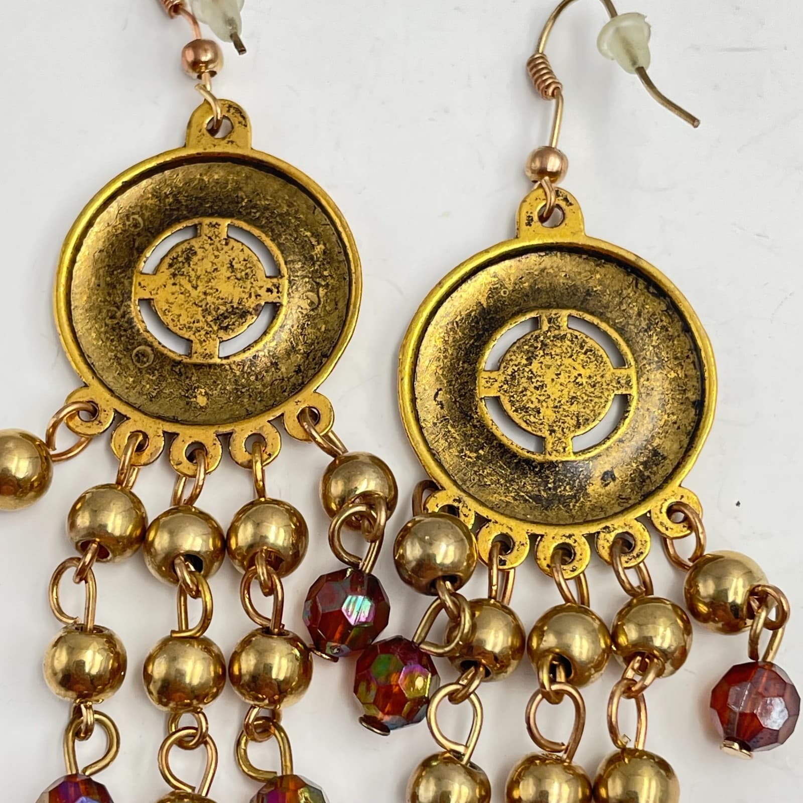 Vintage 90s Gold Tone Aztec Sun Dangle Earrings Iridescent Glass Chandelier Boho - Thumbnail 4