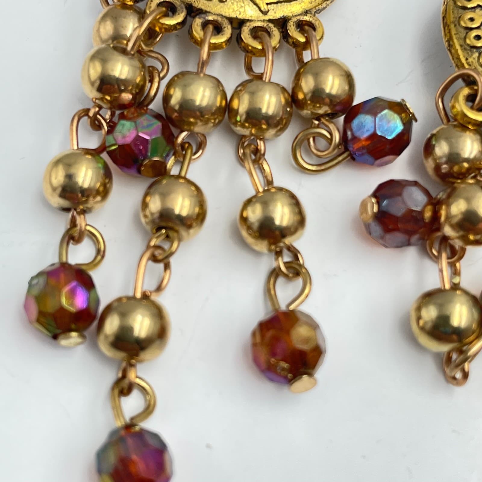 Vintage 90s Gold Tone Aztec Sun Dangle Earrings Iridescent Glass Chandelier Boho - Thumbnail 3