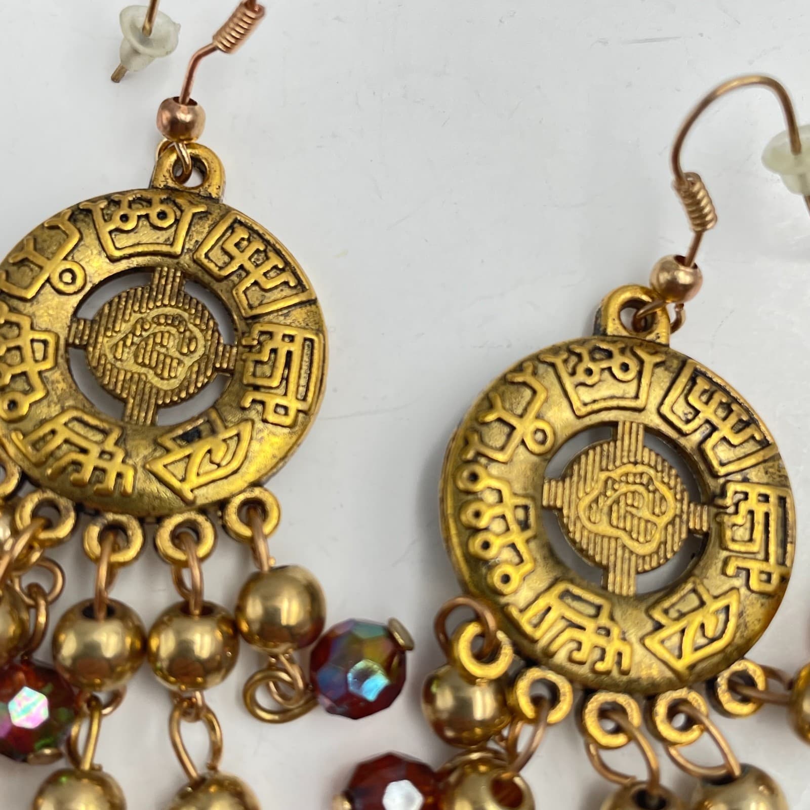 Vintage 90s Gold Tone Aztec Sun Dangle Earrings Iridescent Glass Chandelier Boho - Thumbnail 2