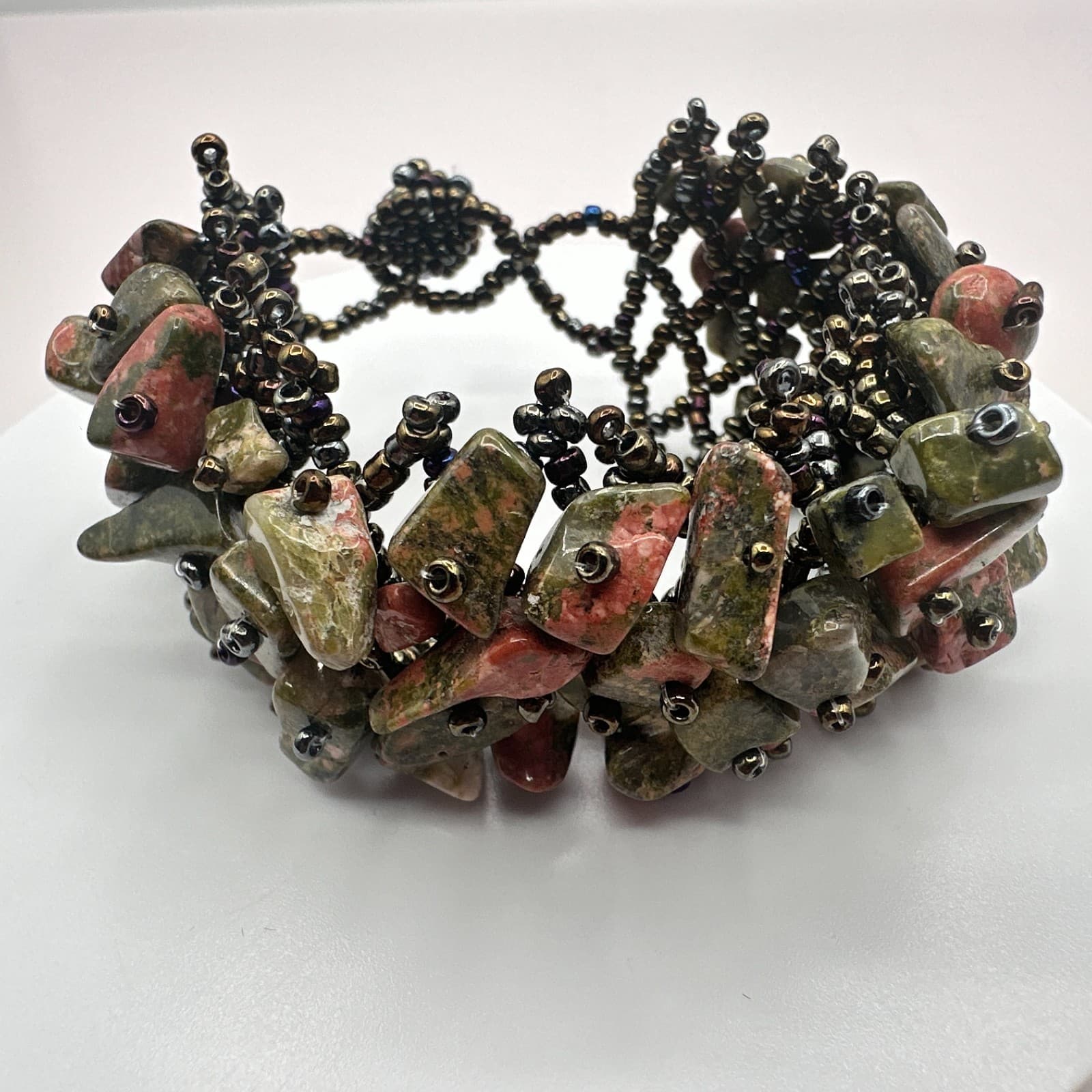 Vintage Y2K Unakite Jasper Seed Beaded Cuff Bracelet Women's Classic Jewelry - Thumbnail 5