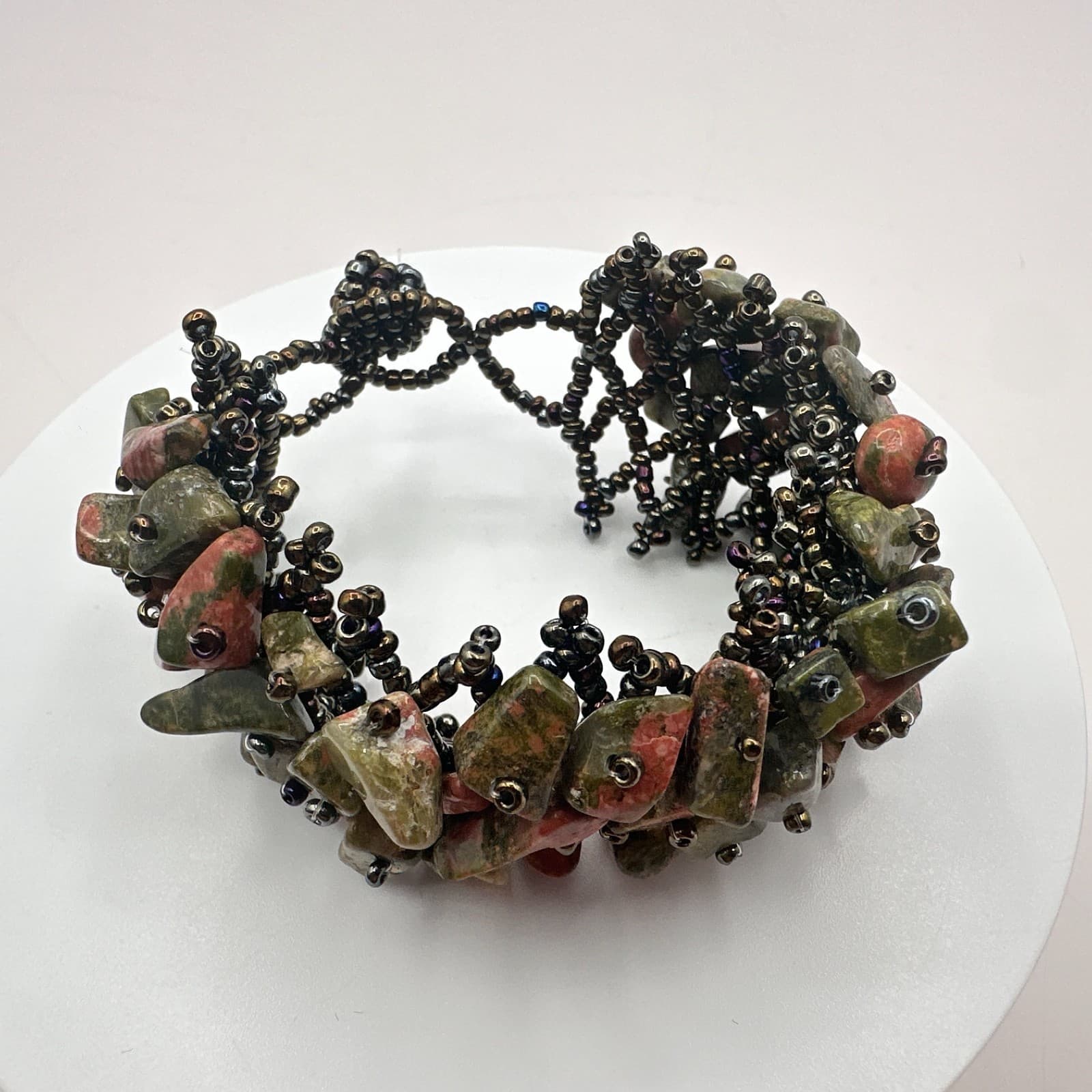 Vintage Y2K Unakite Jasper Seed Beaded Cuff Bracelet Women's Classic Jewelry - Image 1