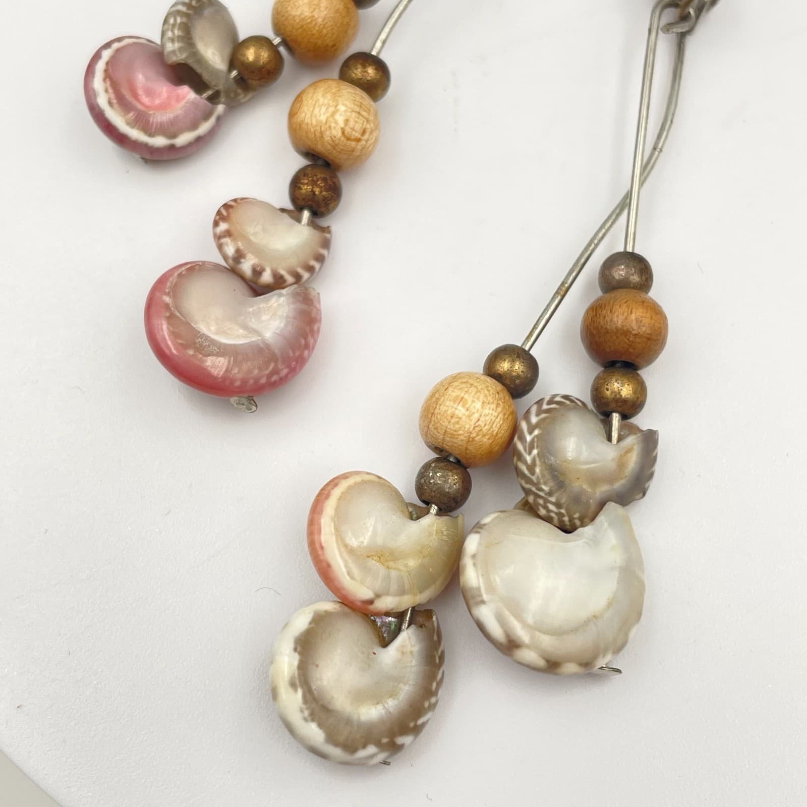 Vintage 90s Silver Tone Shell Wooden Dangle Earrings Boho Statement Jewelry - Thumbnail 5