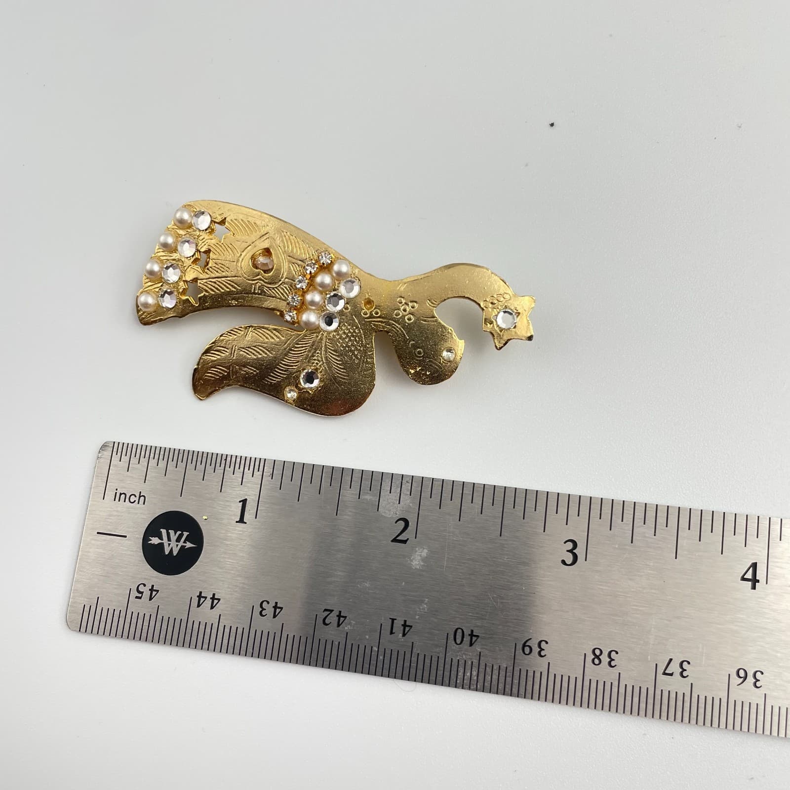 Vintage 90s Gold Tone Angel Brooch Pin Faux Pearl Rhinestone Fashion Jewelry - Thumbnail 7