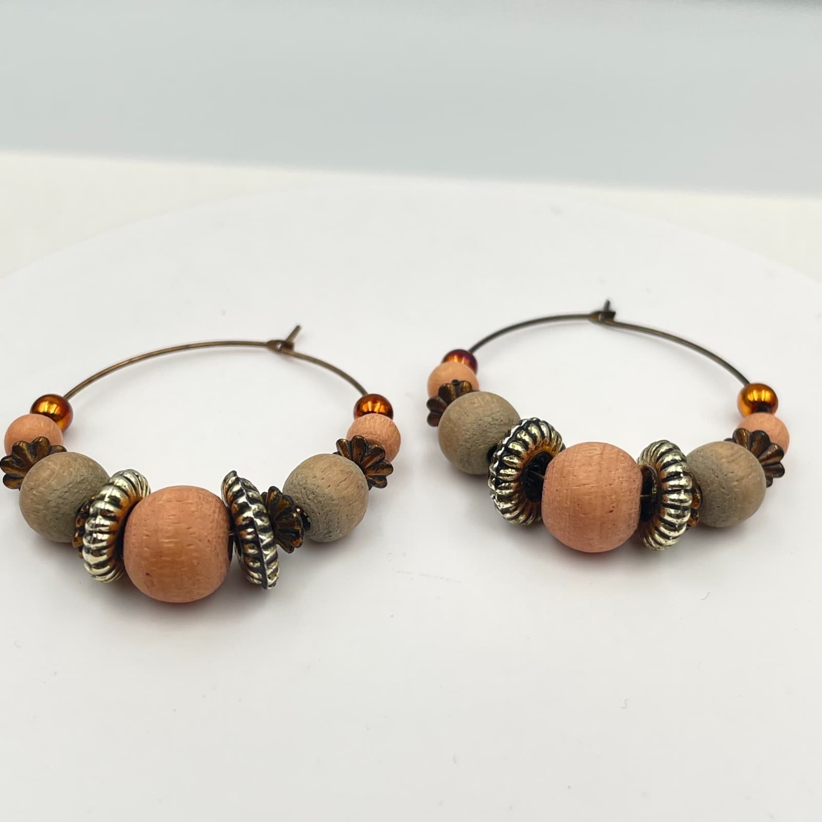 Vintage Y2K Bronze Tone Wooden Beaded Hoop Earrings Boho Statement Jewelry - Thumbnail 2