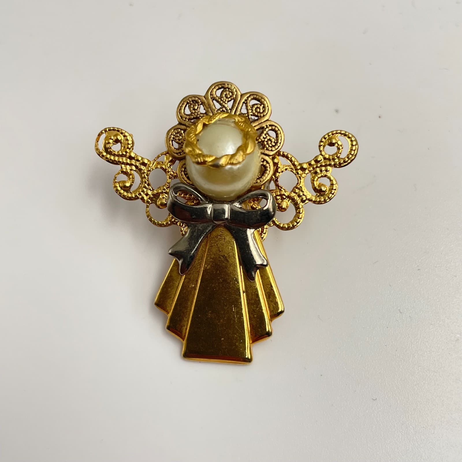 Vintage 90s Gold Tone Angel Faux Pearl Silver Bow Christmas Brooch Pin Jewelry - Image 1