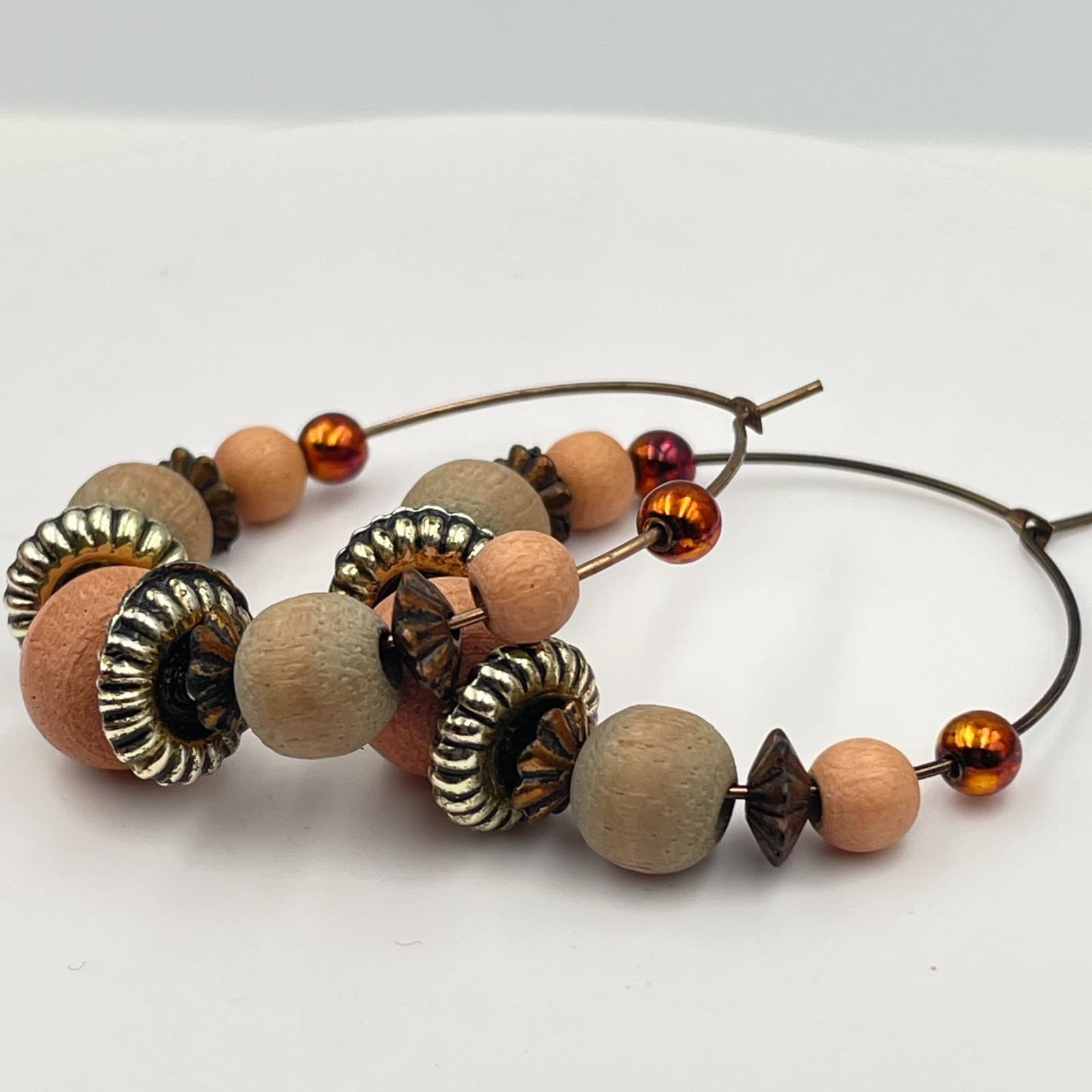 Vintage Y2K Bronze Tone Wooden Beaded Hoop Earrings Boho Statement Jewelry - Thumbnail 4
