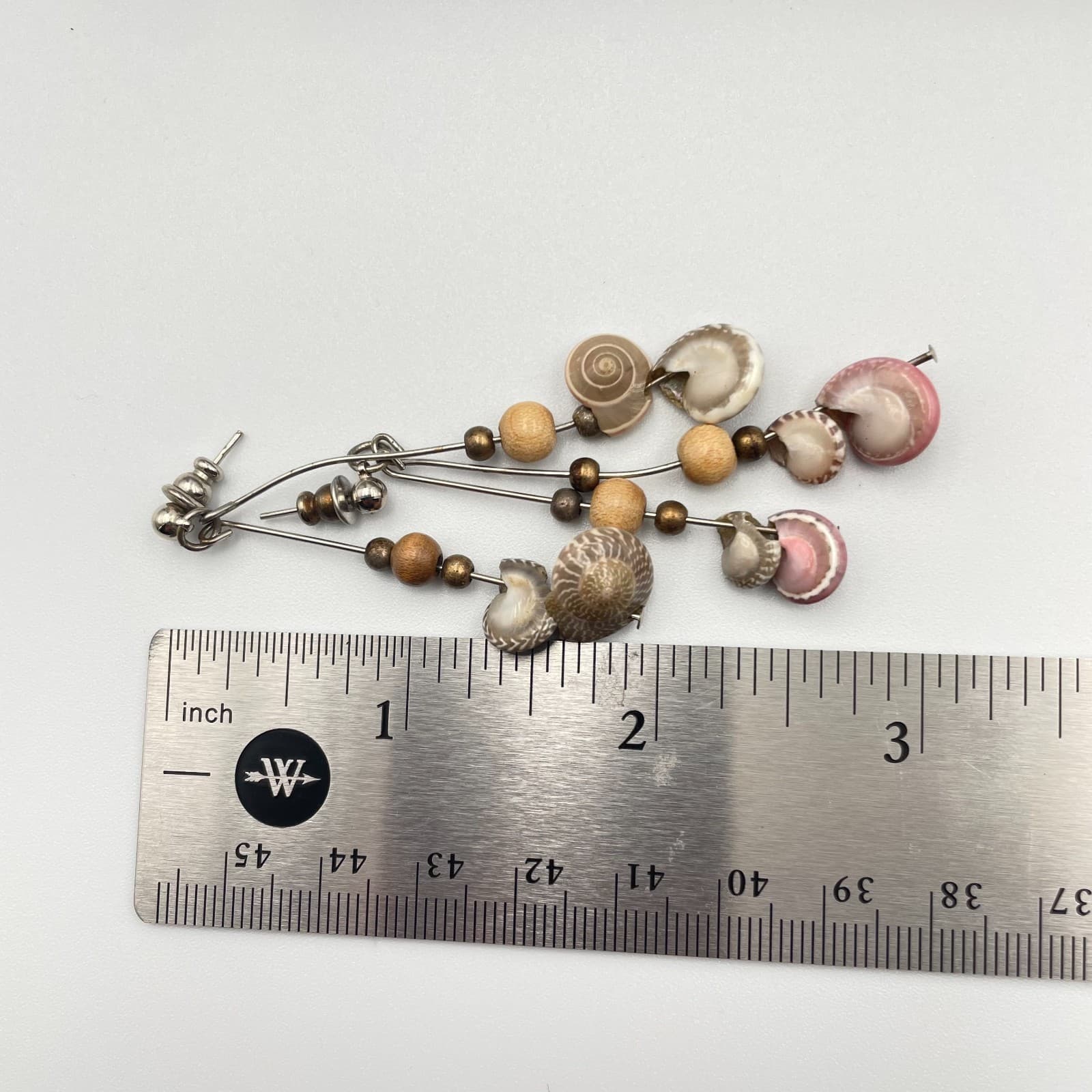 Vintage 90s Silver Tone Shell Wooden Dangle Earrings Boho Statement Jewelry - Thumbnail 7