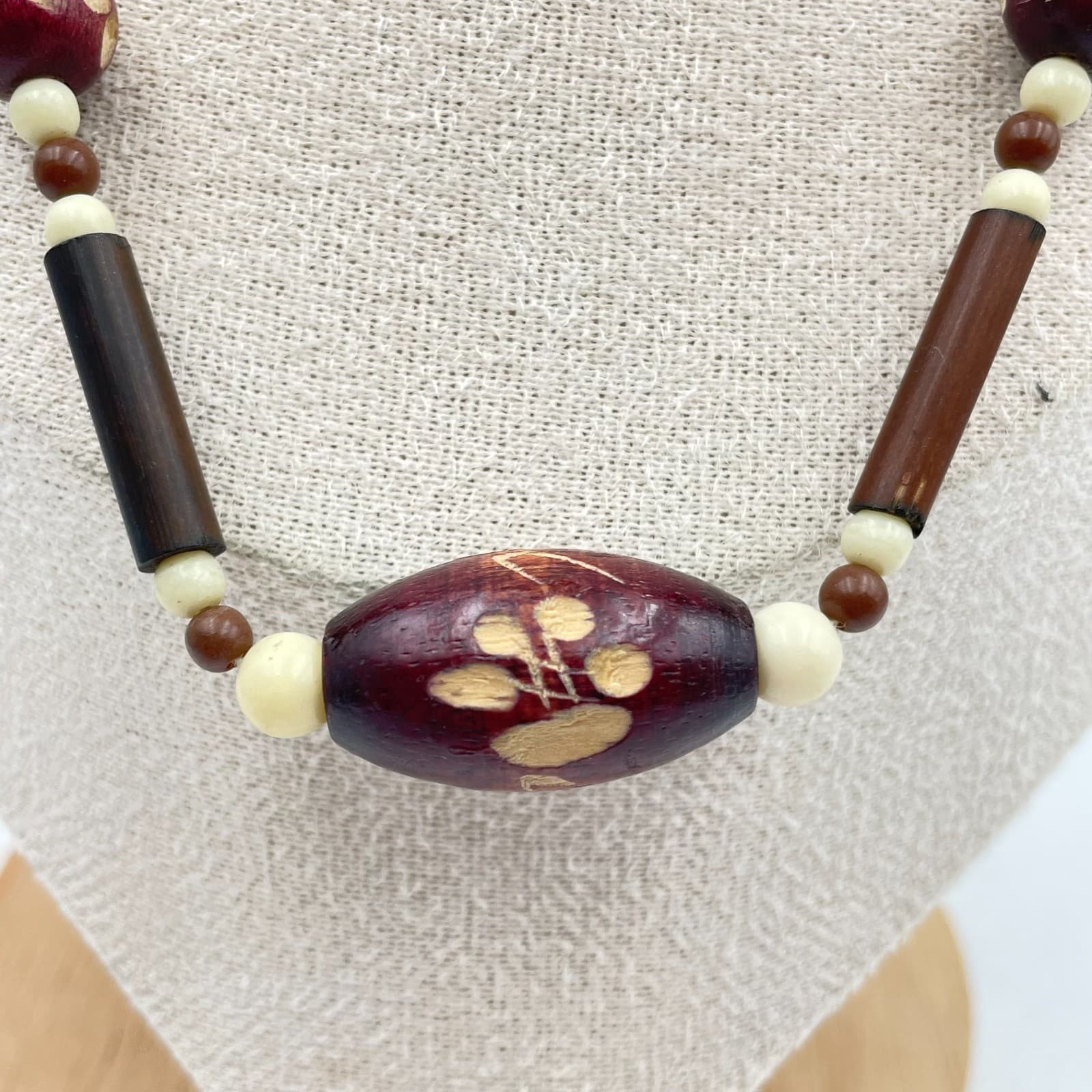 Vintage 80s Wood & Glass Bead Necklace Earth Tone Floral Boho Classic Jewelry - Thumbnail 5