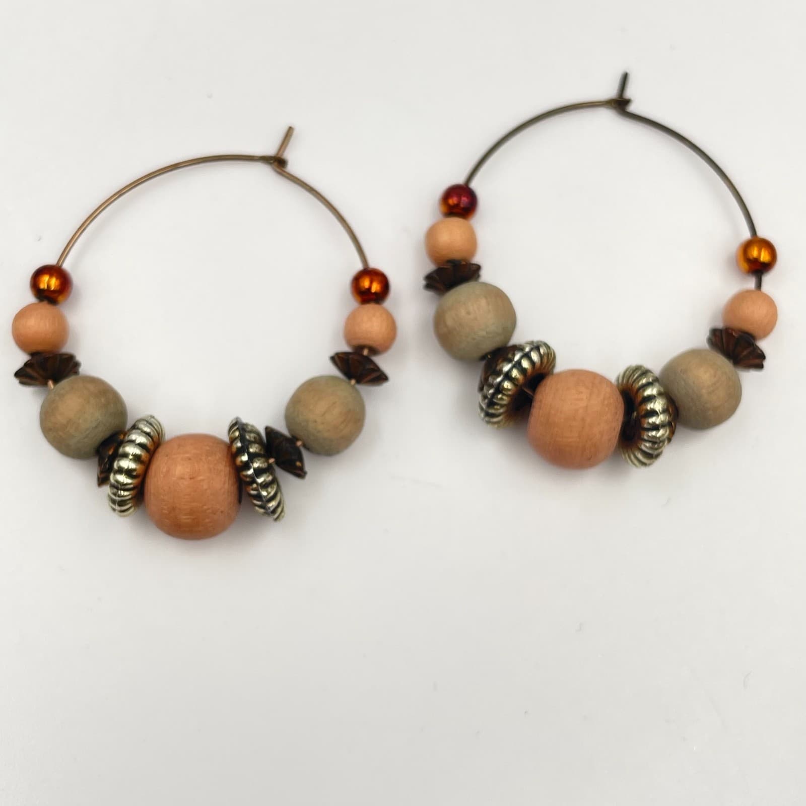 Vintage Y2K Bronze Tone Wooden Beaded Hoop Earrings Boho Statement Jewelry - Image 1
