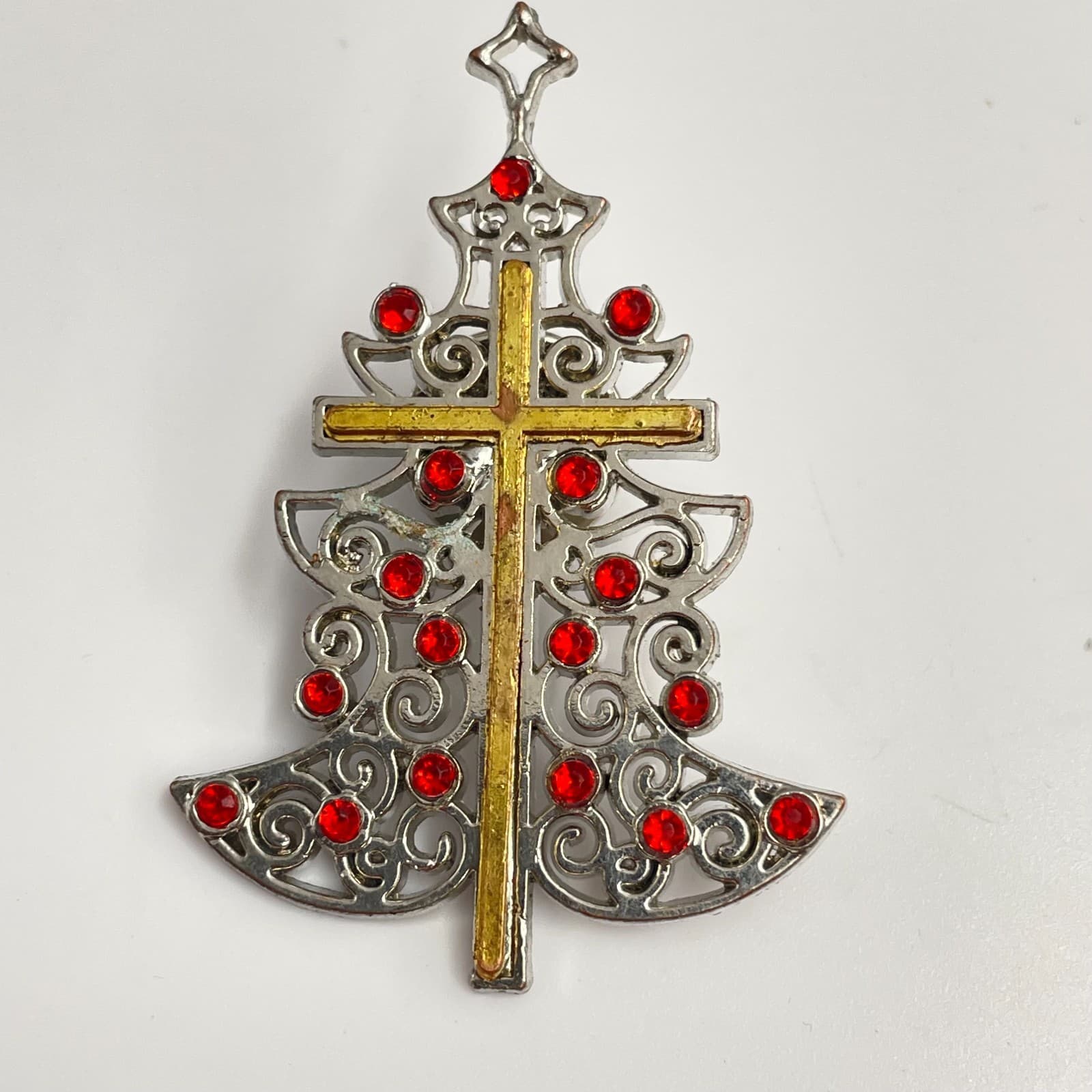 Vintage 90s Gold/Silver Tone Cross Christmas Tree Brooch Pin Red Rhinestone - Image 1