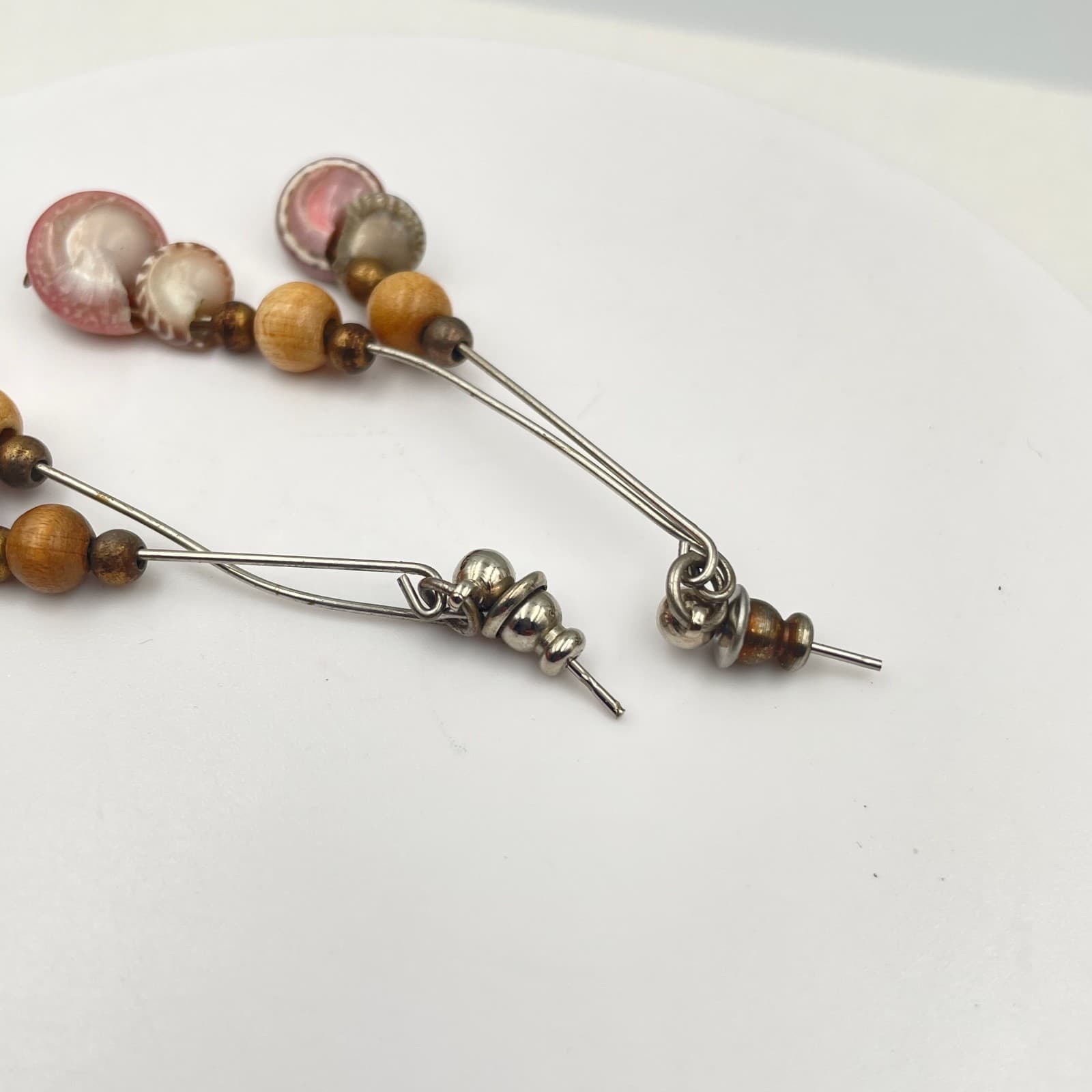 Vintage 90s Silver Tone Shell Wooden Dangle Earrings Boho Statement Jewelry - Thumbnail 4