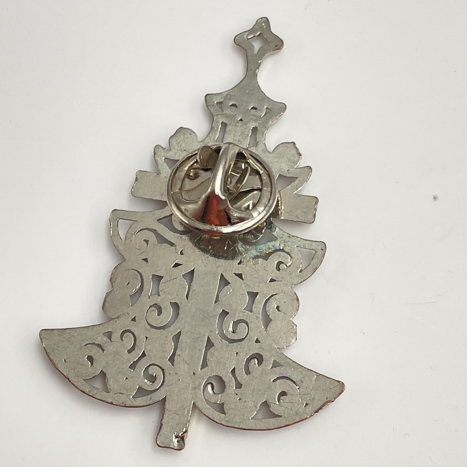 Vintage 90s Gold/Silver Tone Cross Christmas Tree Brooch Pin Red Rhinestone - Thumbnail 7