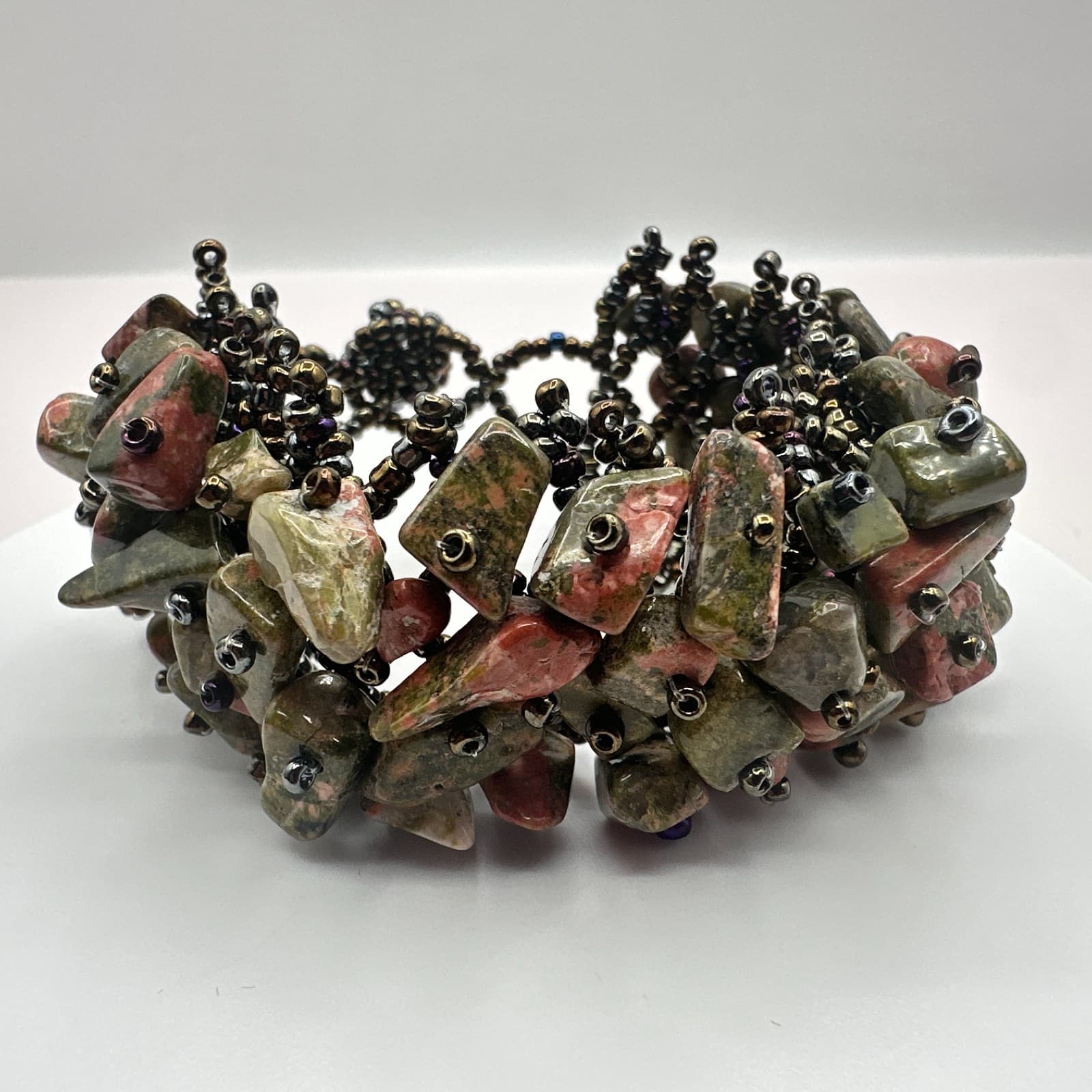 Vintage Y2K Unakite Jasper Seed Beaded Cuff Bracelet Women's Classic Jewelry - Thumbnail 3