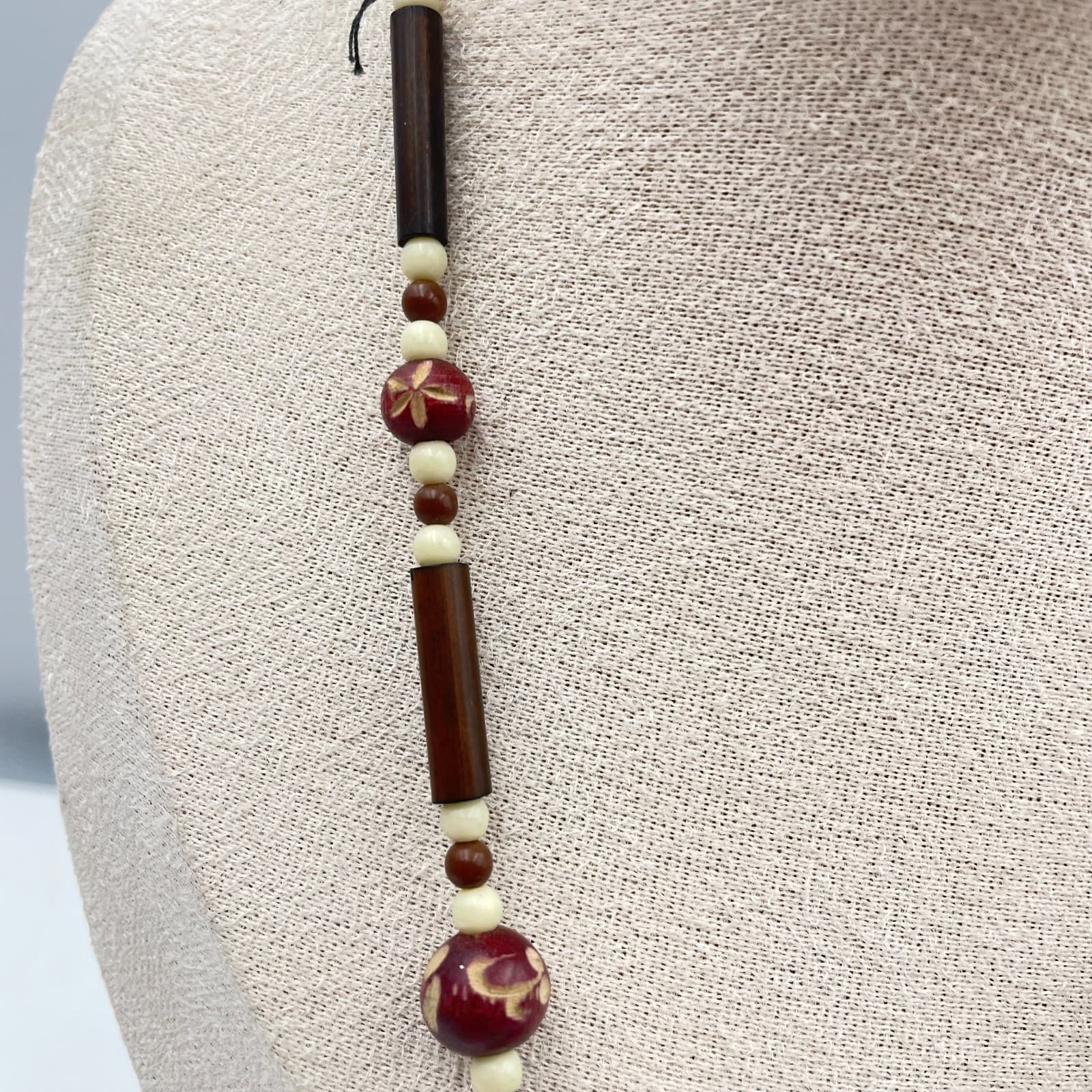 Vintage 80s Wood & Glass Bead Necklace Earth Tone Floral Boho Classic Jewelry - Thumbnail 4