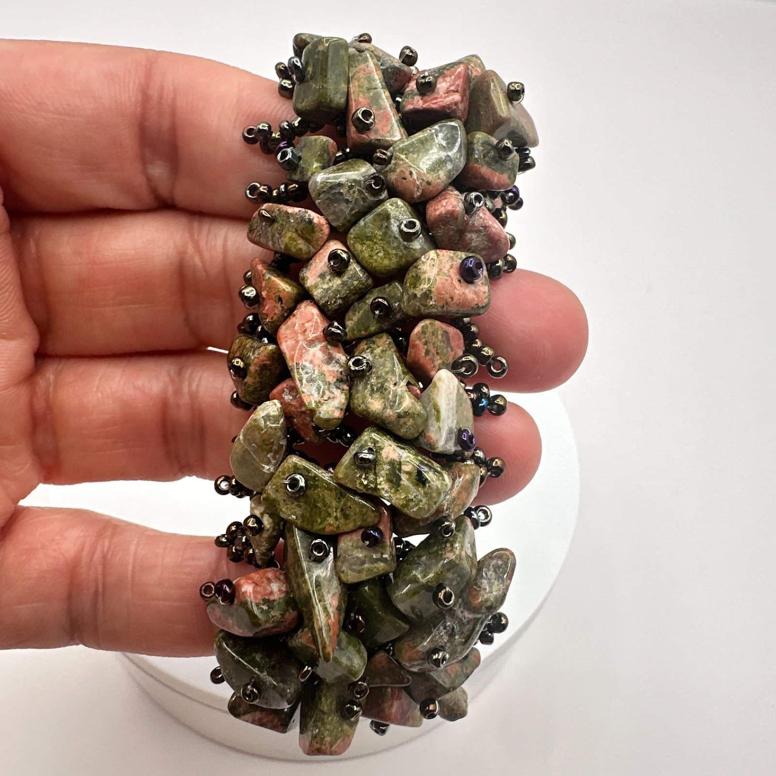 Vintage Y2K Unakite Jasper Seed Beaded Cuff Bracelet Women's Classic Jewelry - Thumbnail 6