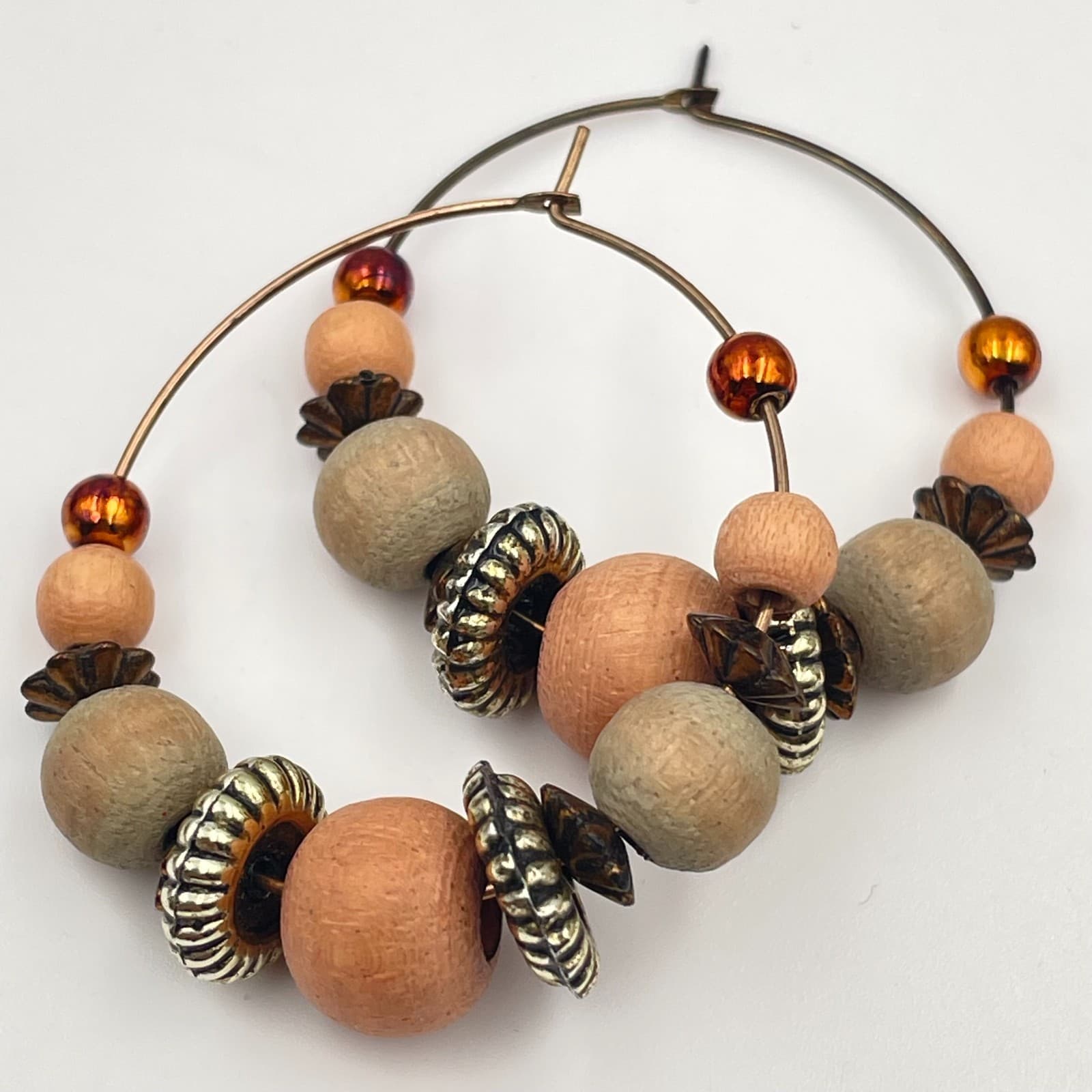 Vintage Y2K Bronze Tone Wooden Beaded Hoop Earrings Boho Statement Jewelry - Thumbnail 3