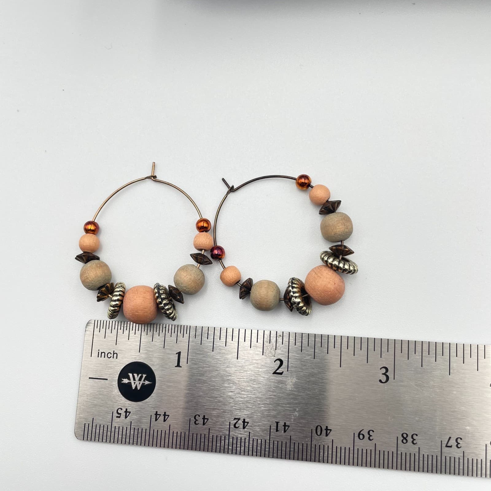 Vintage Y2K Bronze Tone Wooden Beaded Hoop Earrings Boho Statement Jewelry - Thumbnail 6