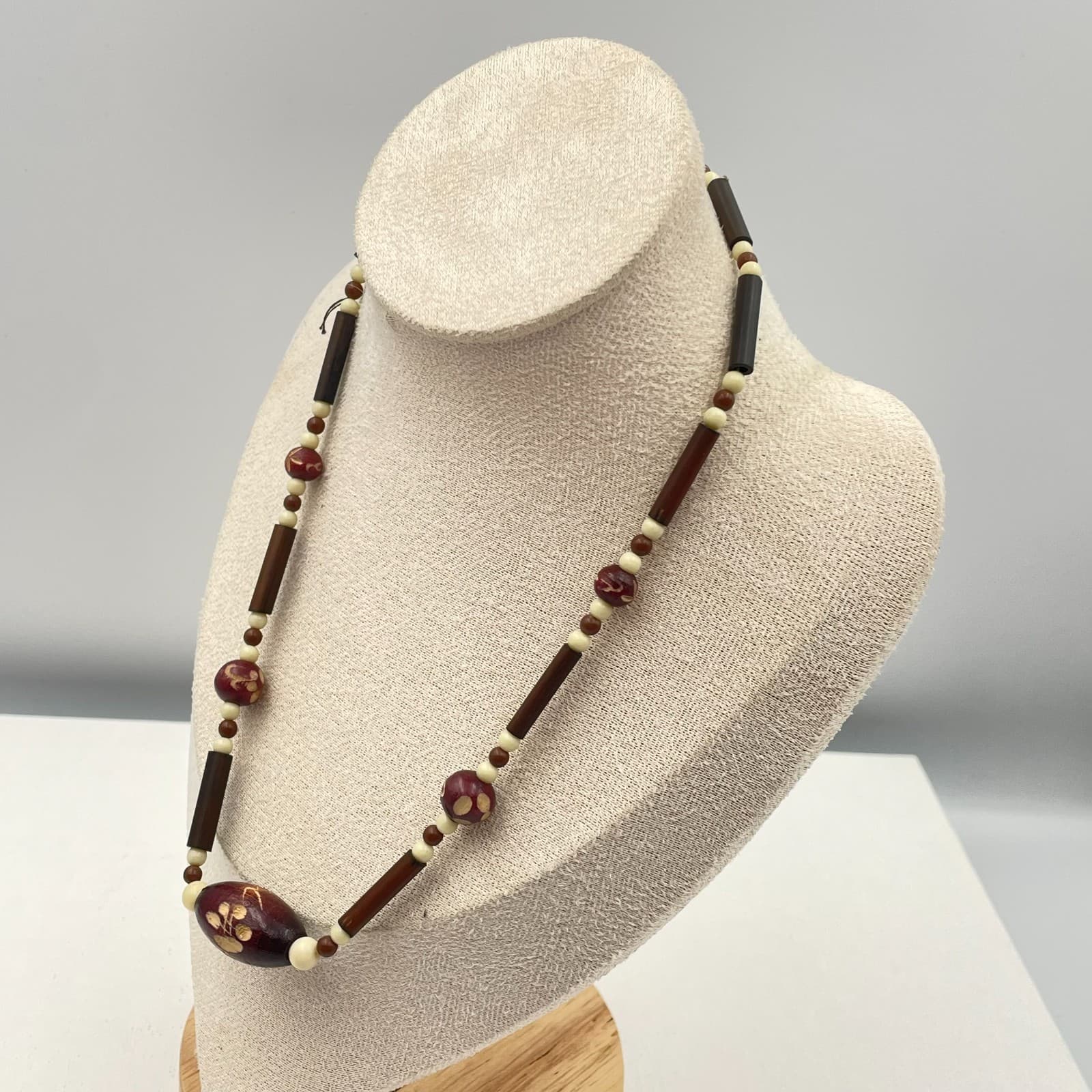 Vintage 80s Wood & Glass Bead Necklace Earth Tone Floral Boho Classic Jewelry - Thumbnail 6