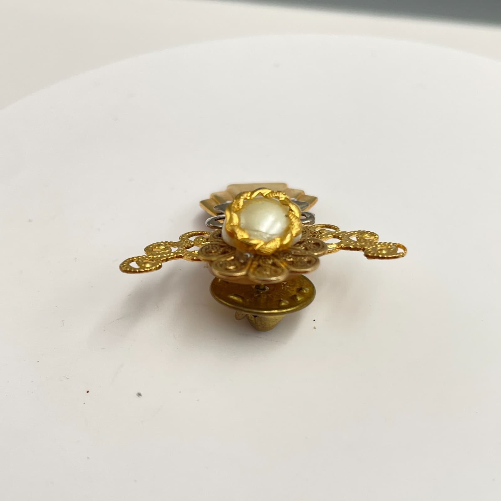 Vintage 90s Gold Tone Angel Faux Pearl Silver Bow Christmas Brooch Pin Jewelry - Thumbnail 3