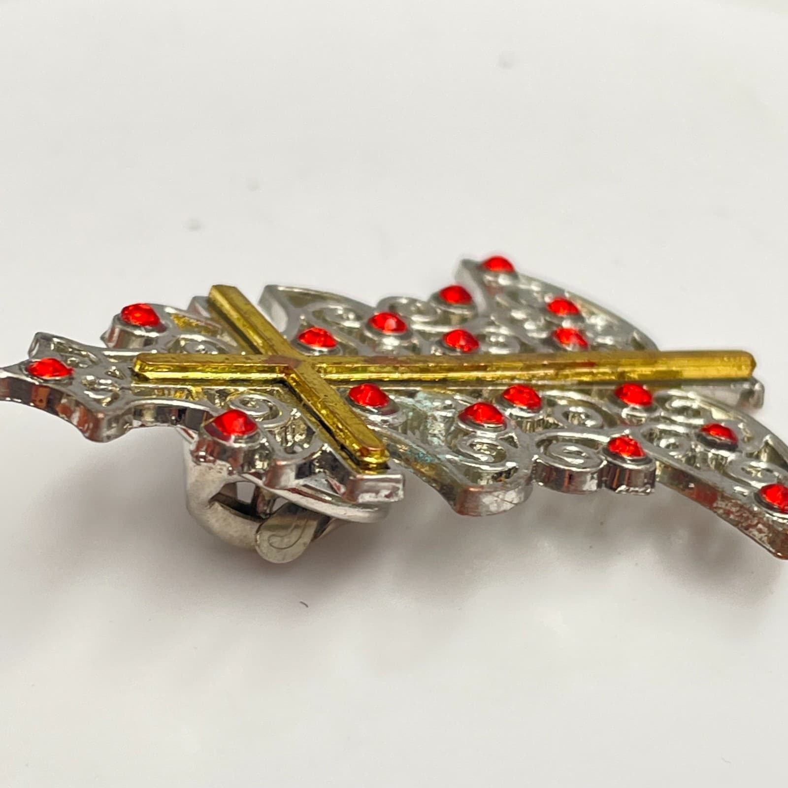 Vintage 90s Gold/Silver Tone Cross Christmas Tree Brooch Pin Red Rhinestone - Thumbnail 6