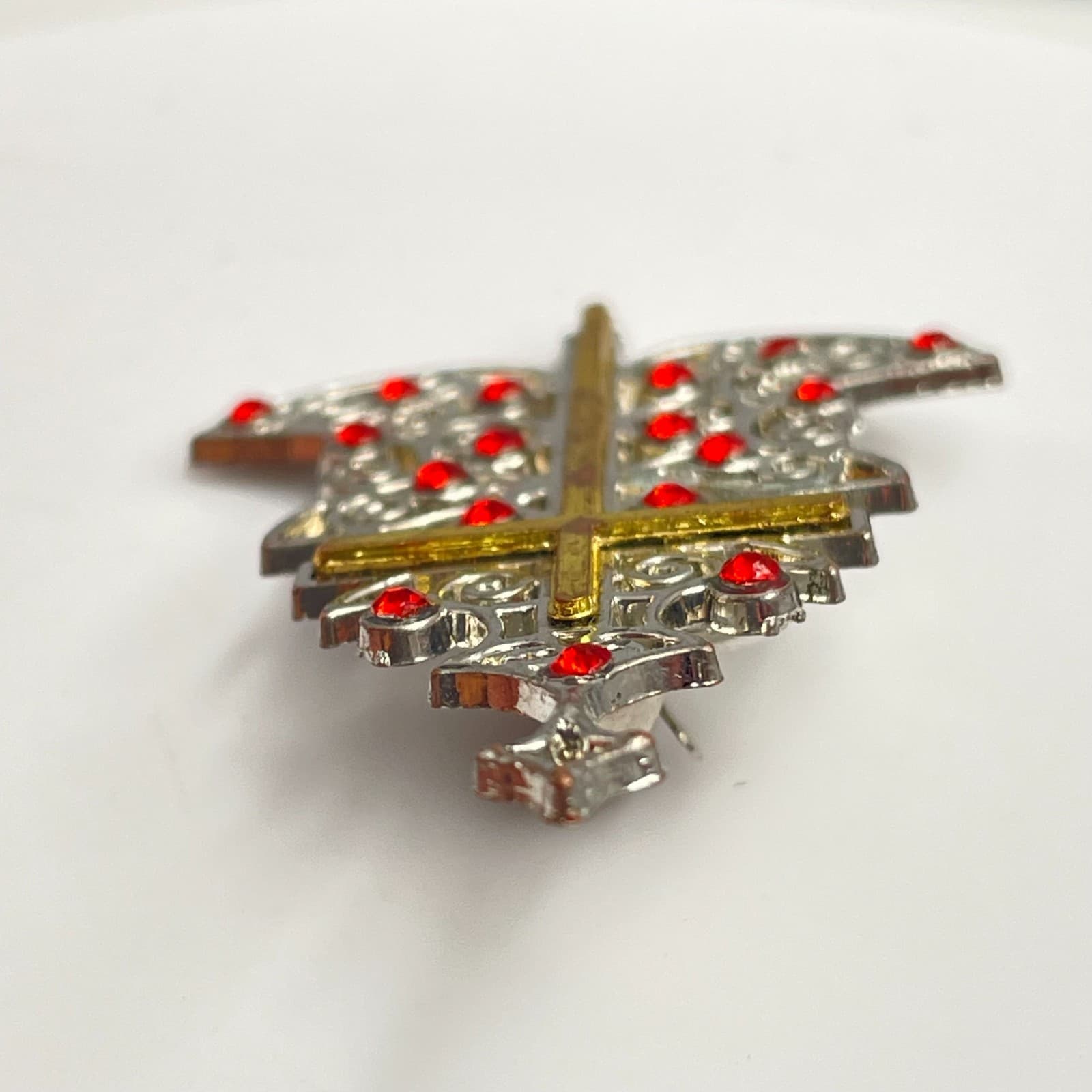 Vintage 90s Gold/Silver Tone Cross Christmas Tree Brooch Pin Red Rhinestone - Thumbnail 5