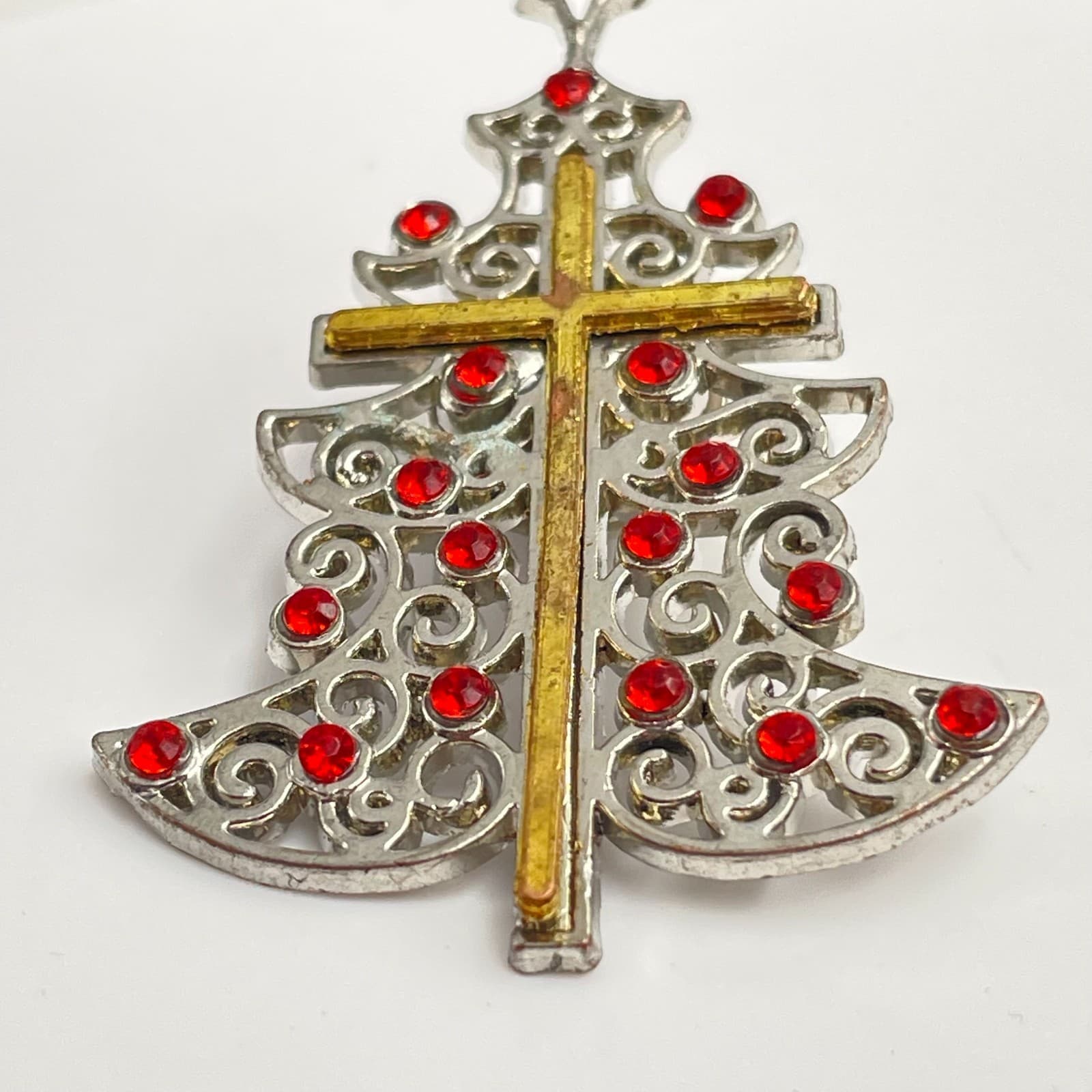 Vintage 90s Gold/Silver Tone Cross Christmas Tree Brooch Pin Red Rhinestone - Thumbnail 2