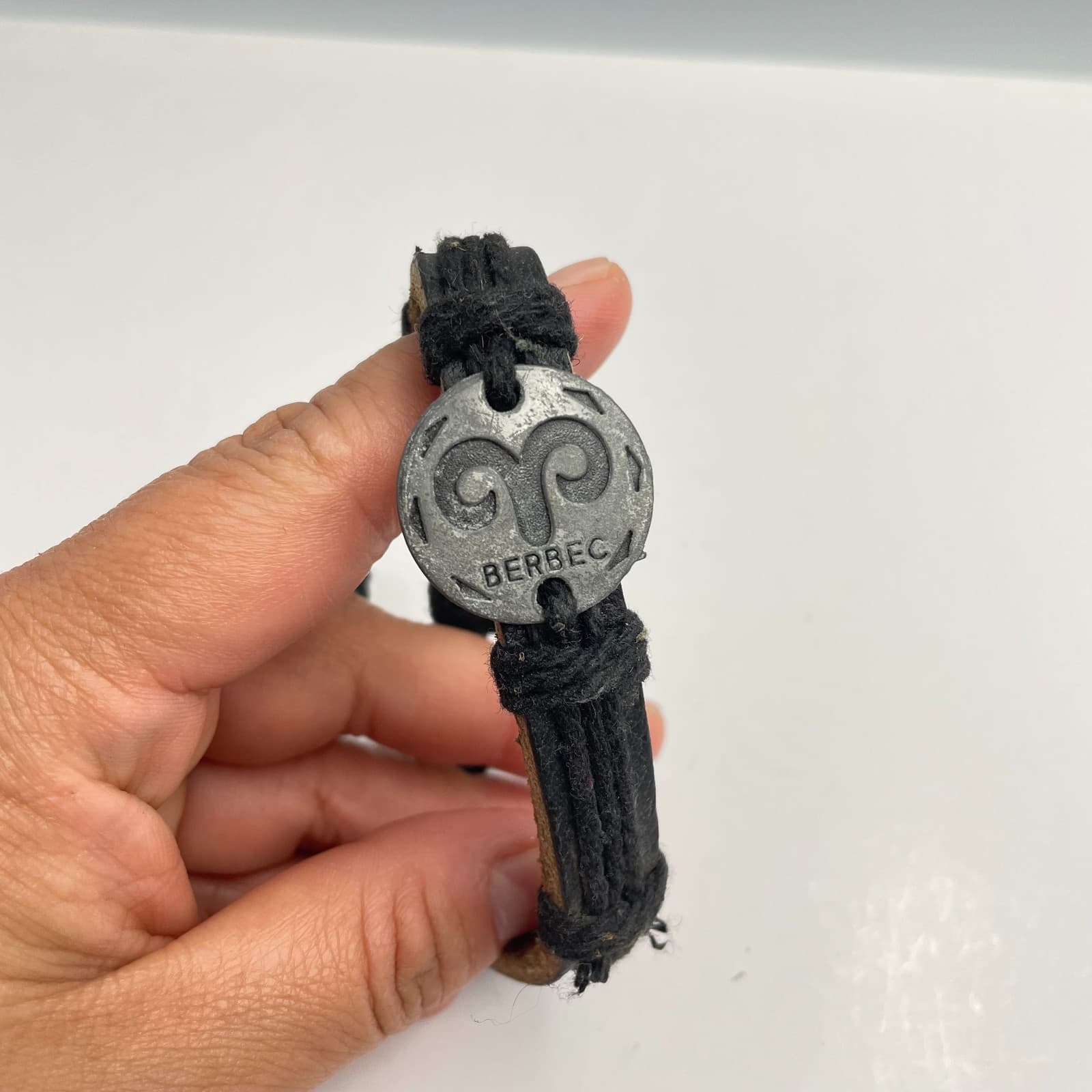 Vintage 90s Berbec Aries Zodiac Bracelet Black Leather Boho Fashion Jewelry - Image 1