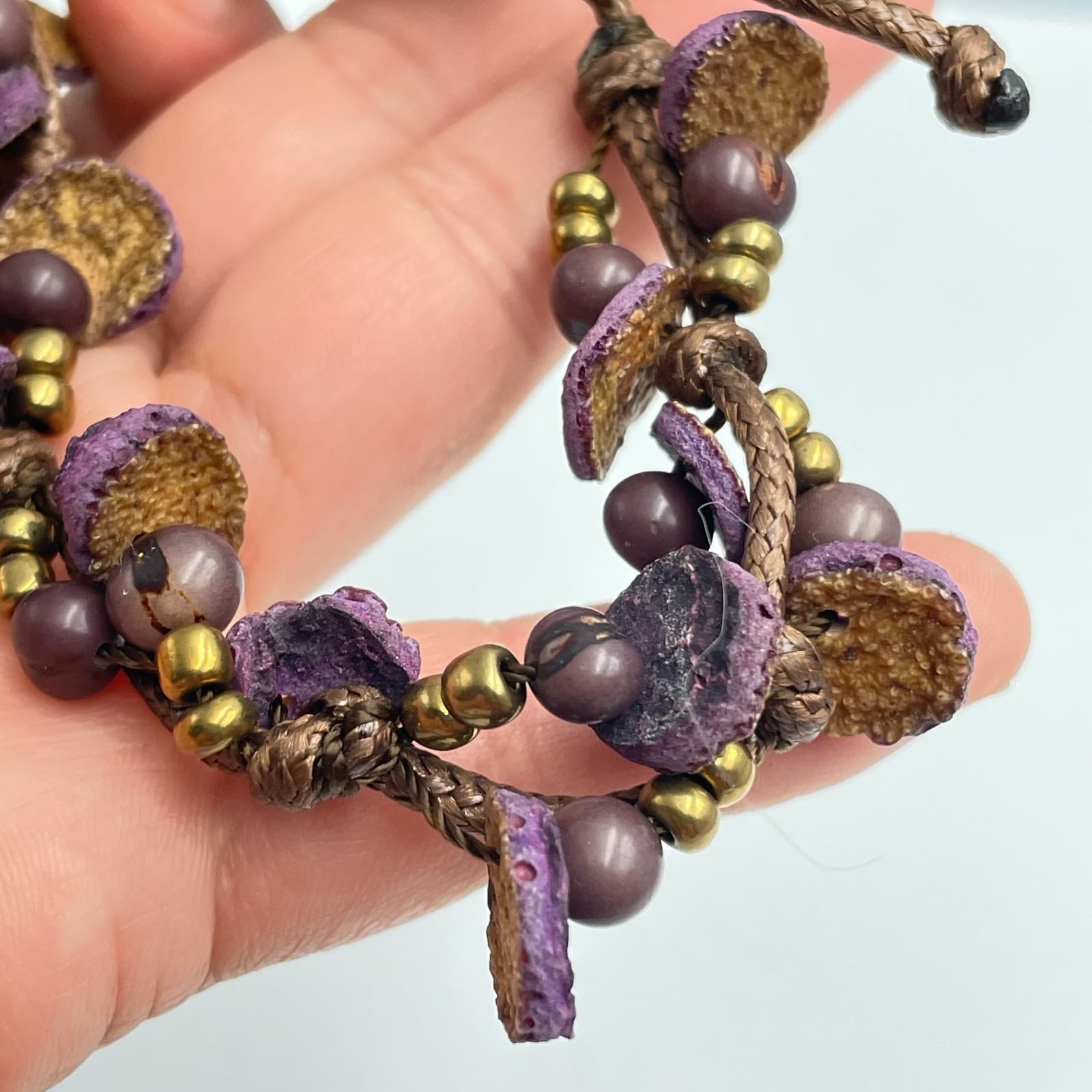 Vintage 90s Terra Natural Seeds Amazon Rainforest Bracelet Brown Cord Jewelry - Thumbnail 4