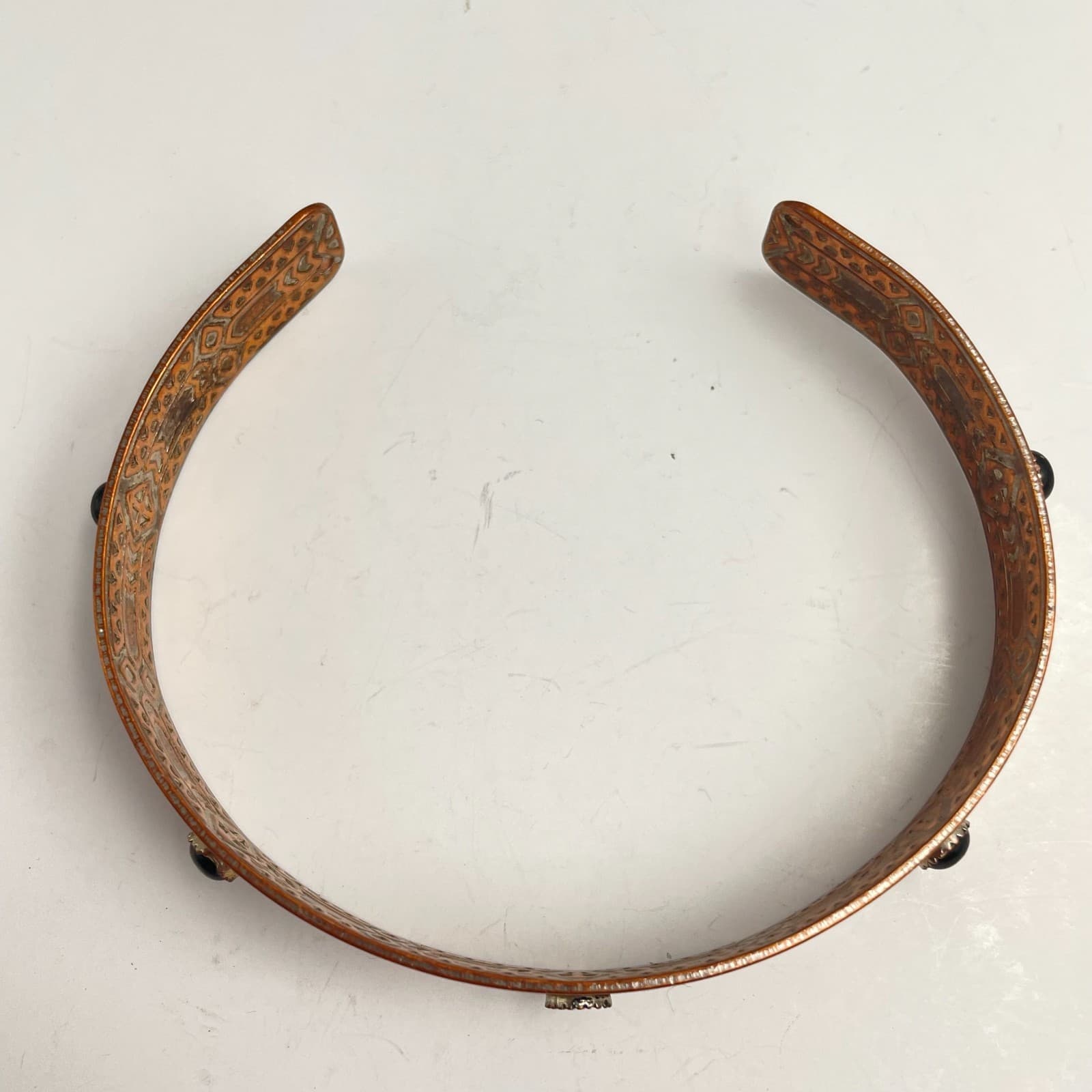 Vintage 80s Metal Cuff Bracelet Black Glass Art Deco Classic Fashion Jewelry - Thumbnail 2