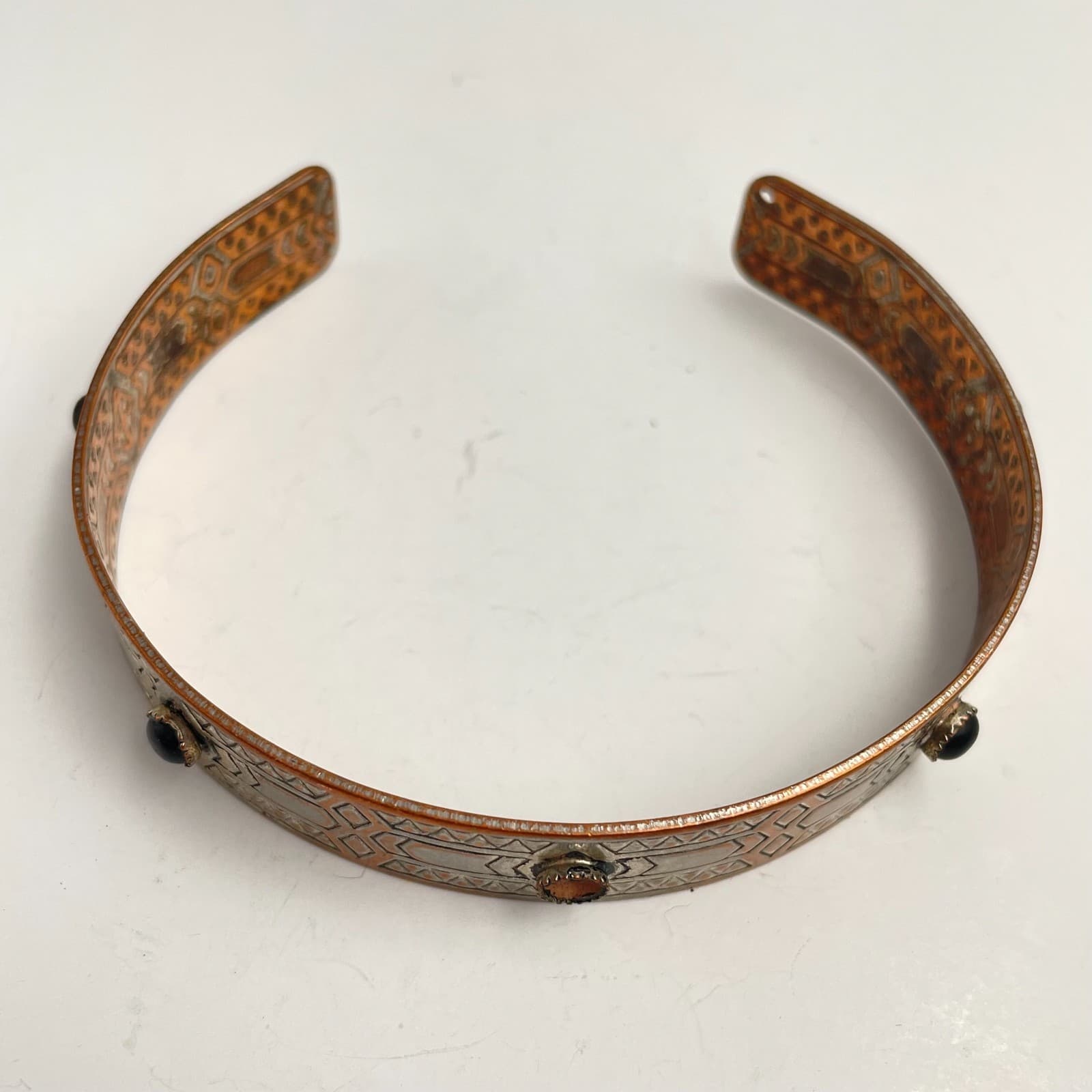 Vintage 80s Metal Cuff Bracelet Black Glass Art Deco Classic Fashion Jewelry - Image 1