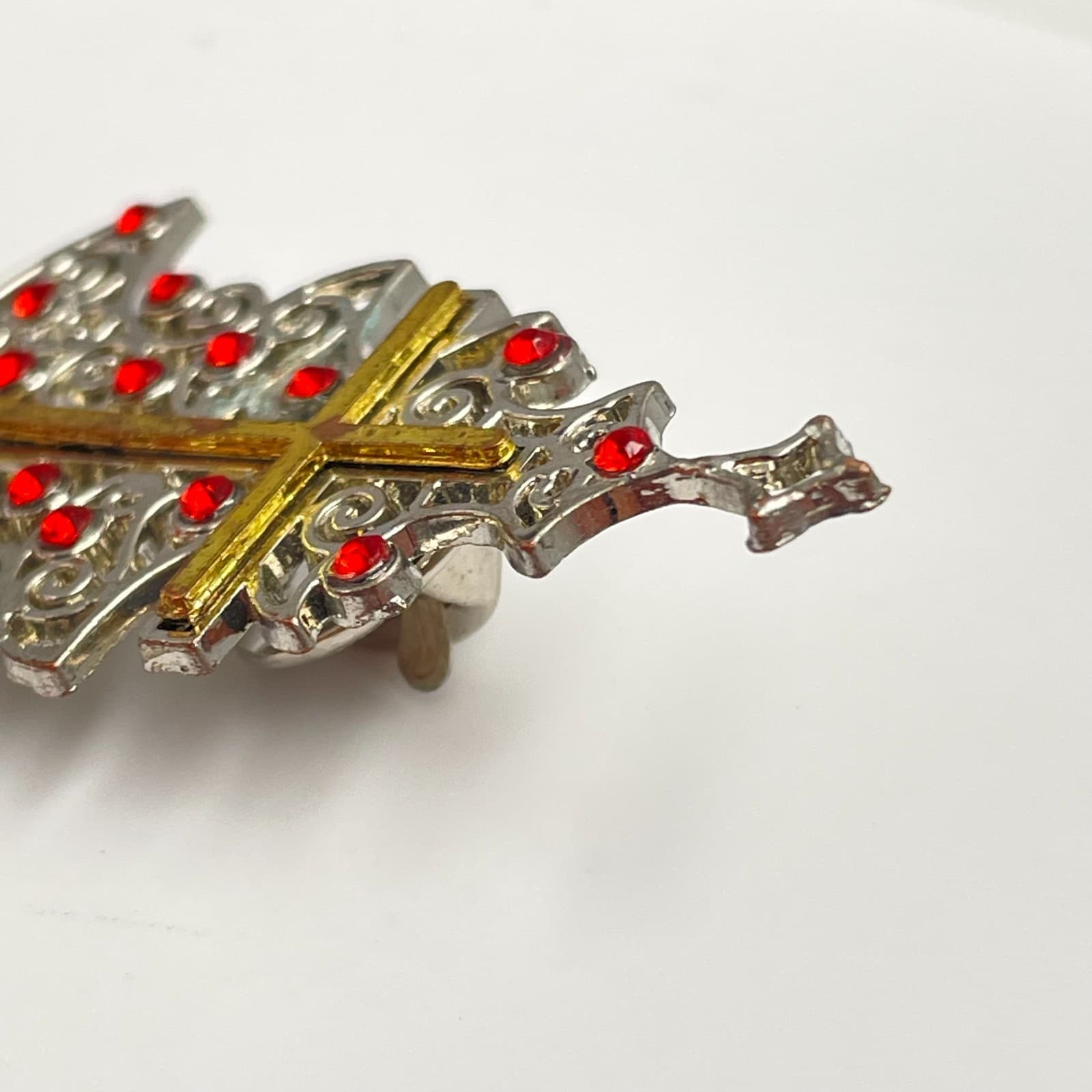 Vintage 90s Gold/Silver Tone Cross Christmas Tree Brooch Pin Red Rhinestone - Thumbnail 4