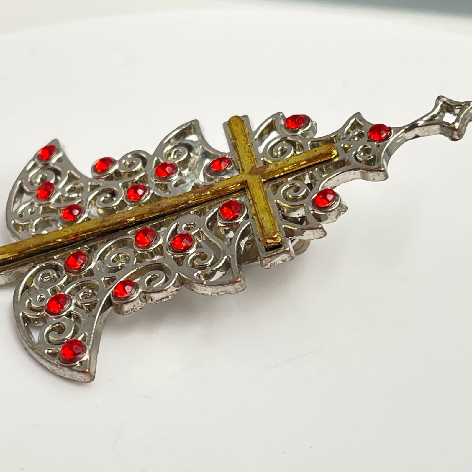 Vintage 90s Gold/Silver Tone Cross Christmas Tree Brooch Pin Red Rhinestone - Thumbnail 3