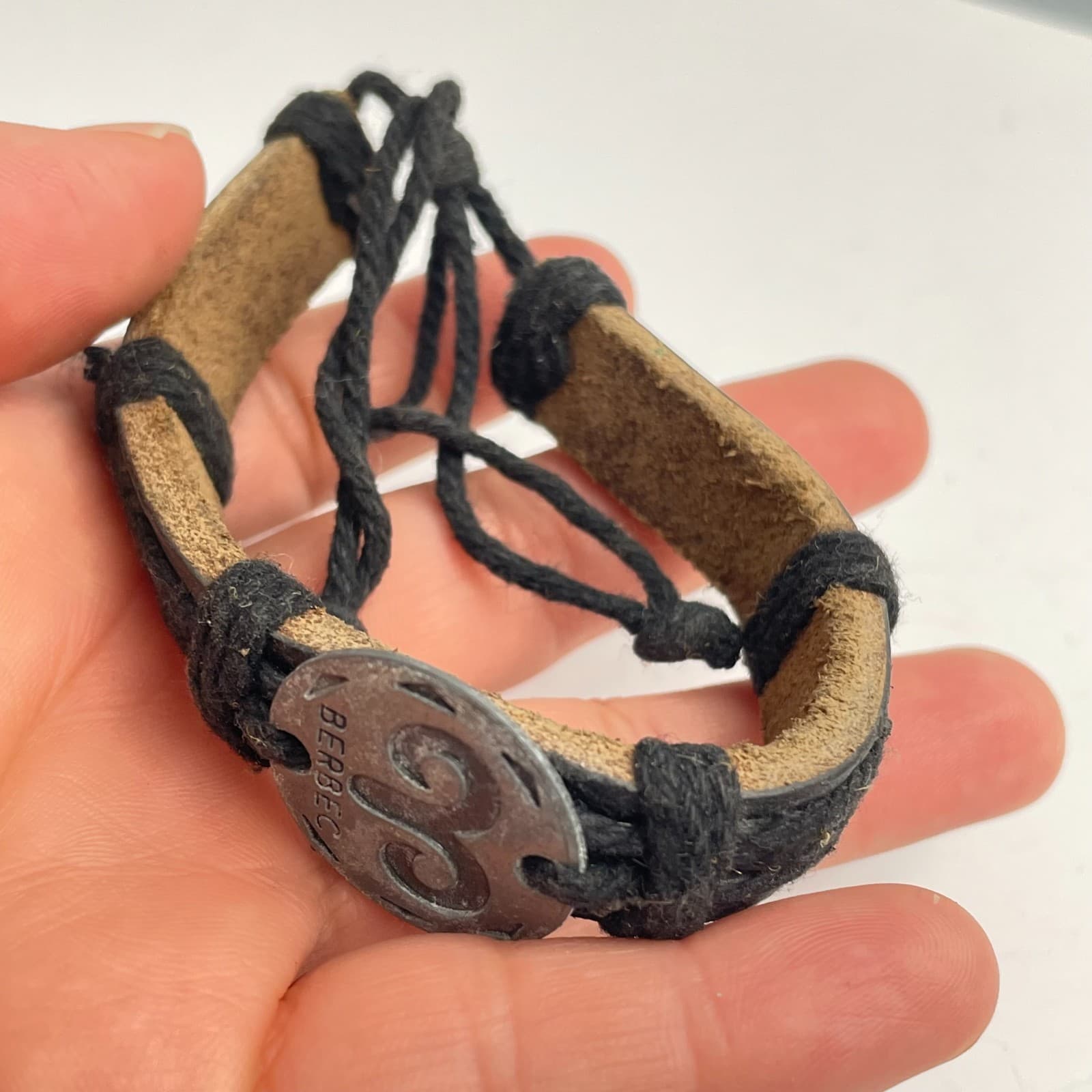 Vintage 90s Berbec Aries Zodiac Bracelet Black Leather Boho Fashion Jewelry - Thumbnail 5