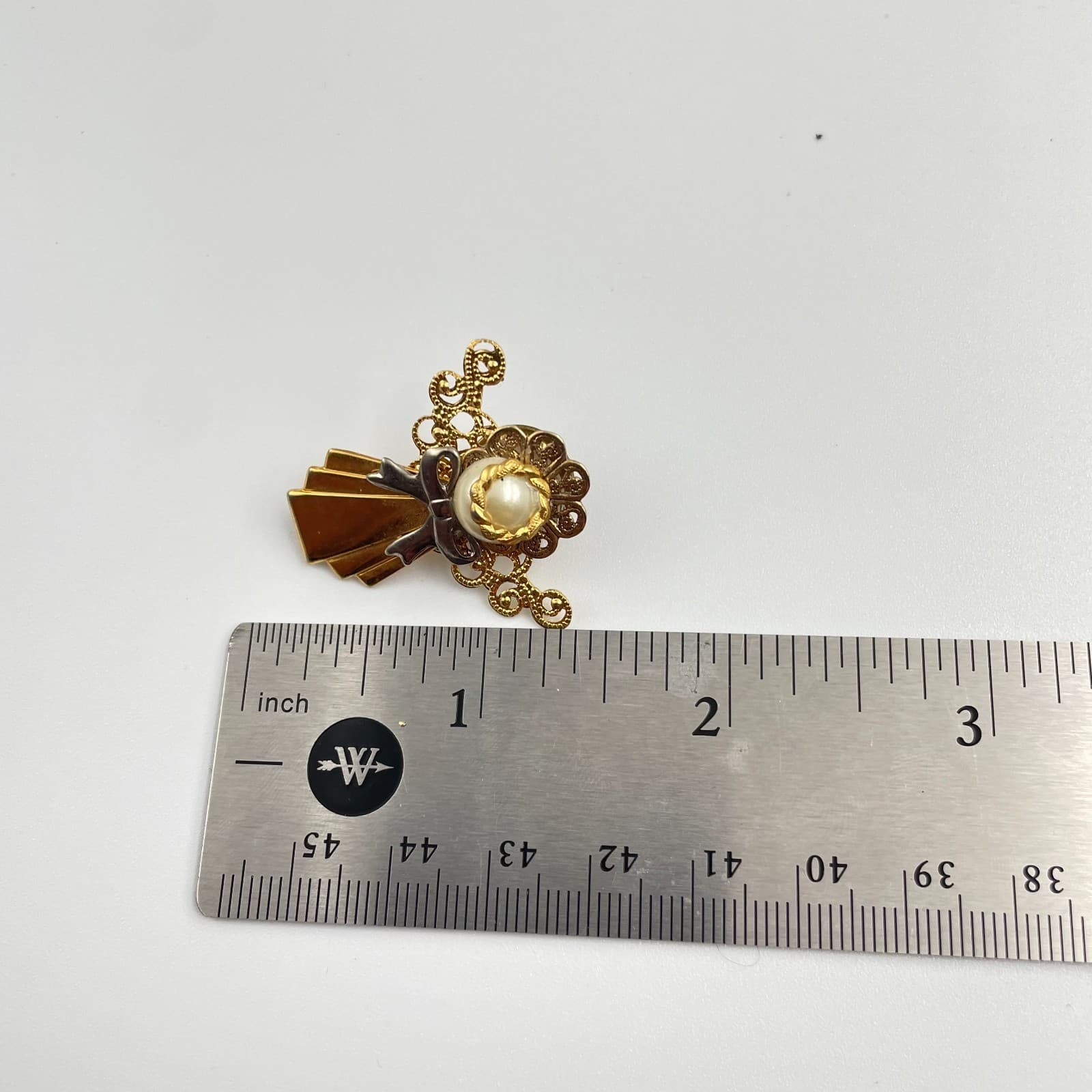 Vintage 90s Gold Tone Angel Faux Pearl Silver Bow Christmas Brooch Pin Jewelry - Thumbnail 7
