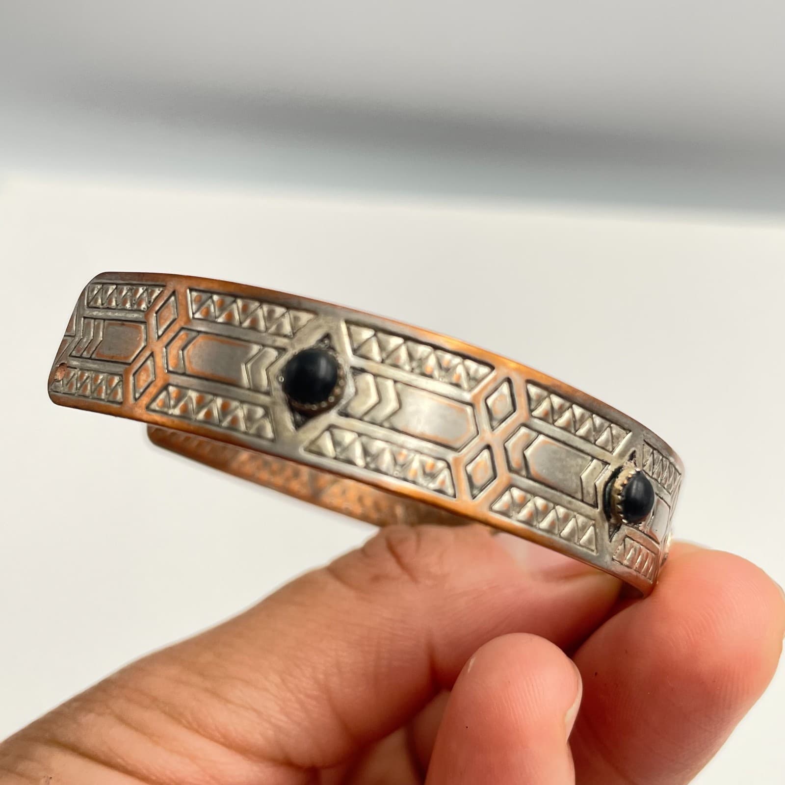 Vintage 80s Metal Cuff Bracelet Black Glass Art Deco Classic Fashion Jewelry - Thumbnail 6