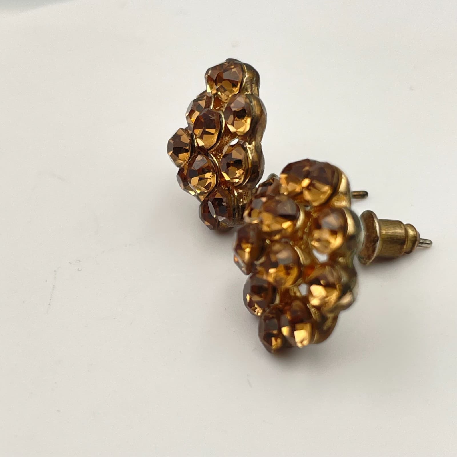 Vintage 90s Amber Rhinestone Floral Stud Earrings Gold Tone Statement Jewelry - Thumbnail 3