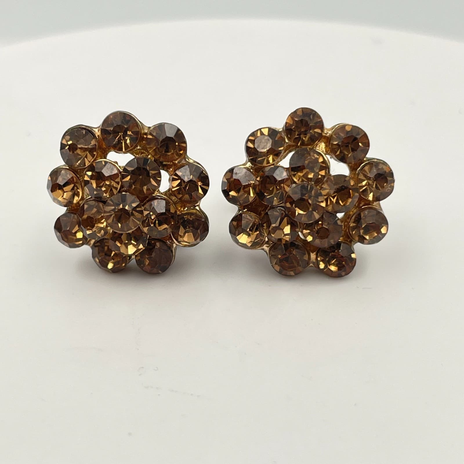 Vintage 90s Amber Rhinestone Floral Stud Earrings Gold Tone Statement Jewelry - Thumbnail 2