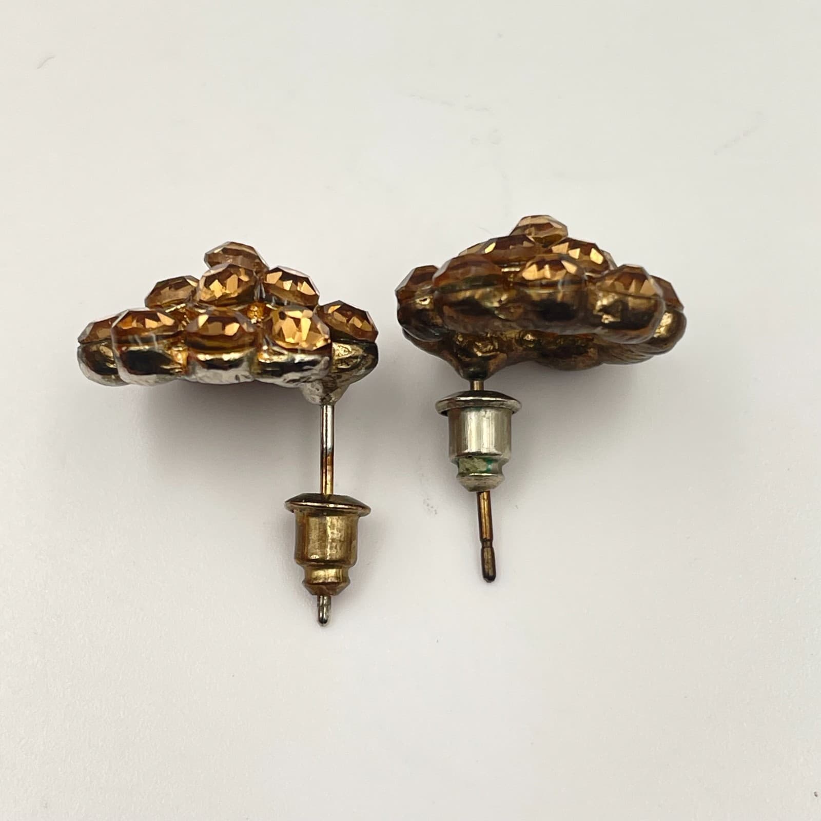 Vintage 90s Amber Rhinestone Floral Stud Earrings Gold Tone Statement Jewelry - Thumbnail 5