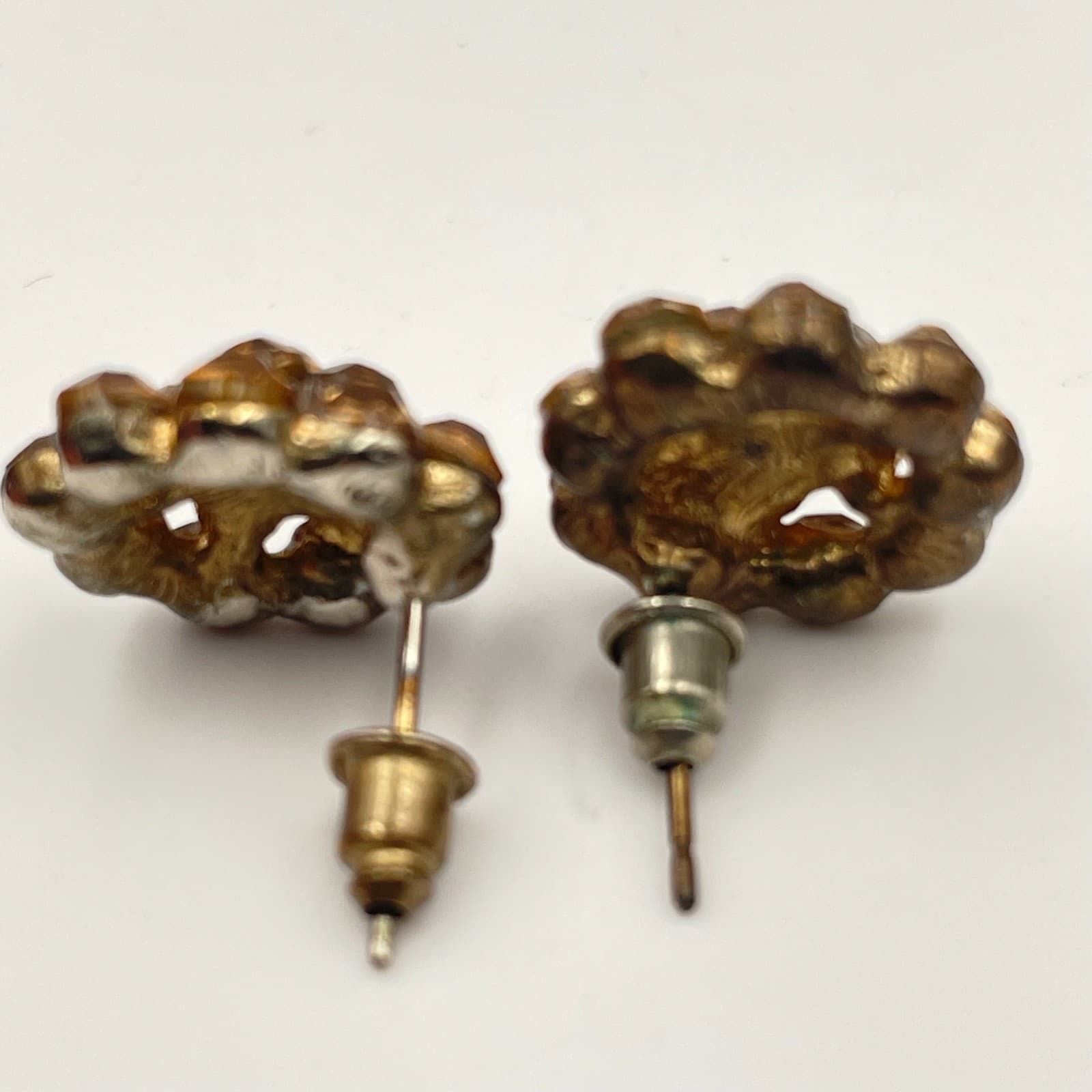 Vintage 90s Amber Rhinestone Floral Stud Earrings Gold Tone Statement Jewelry - Thumbnail 4