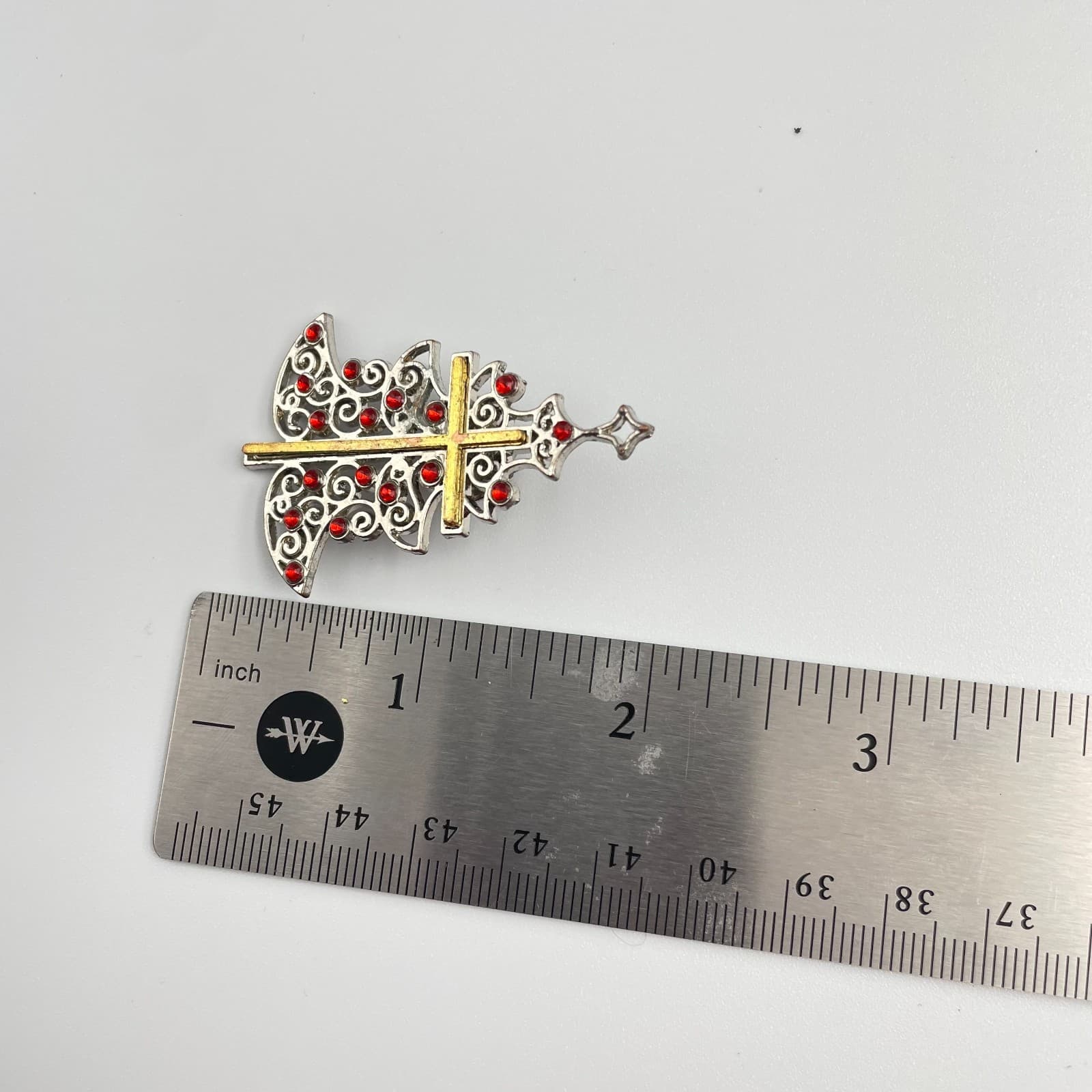 Vintage 90s Gold/Silver Tone Cross Christmas Tree Brooch Pin Red Rhinestone - Thumbnail 8